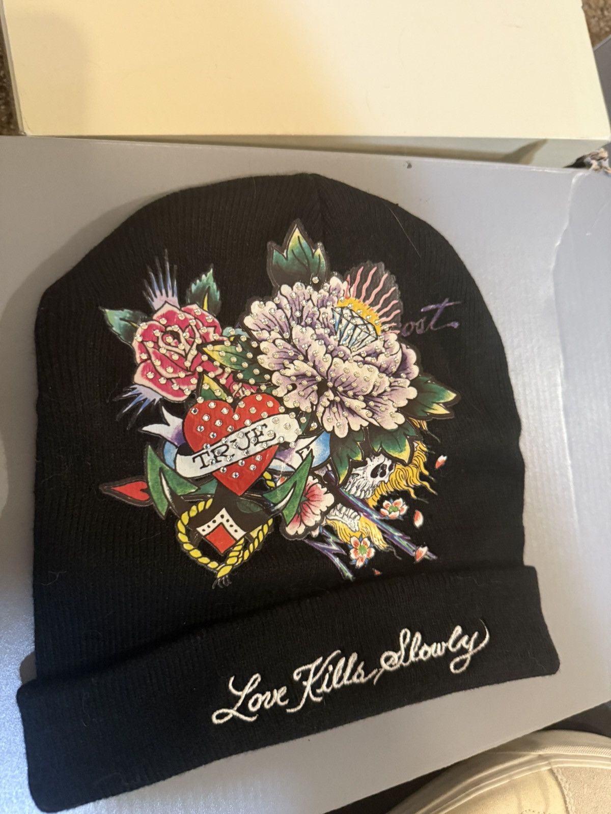 Ed Hardy Ed Hardy Love Kills Slowly Black&Mlticolor Rhinestone Beanie Size ONE SIZE - 2 Thumbnail