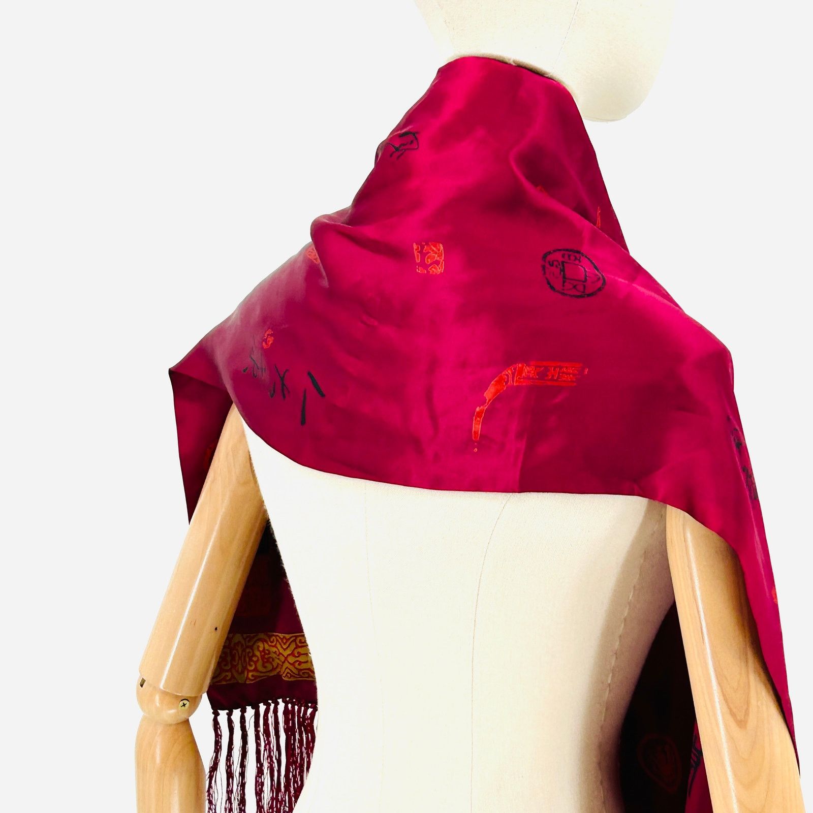 Chicos Vintage 90s Magenta Red Silk Calligraphy Fringe Scarf Size ONE SIZE - 2 Thumbnail