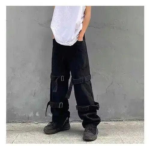 Baggy Black Wide Leg Denim Jeans With Straps