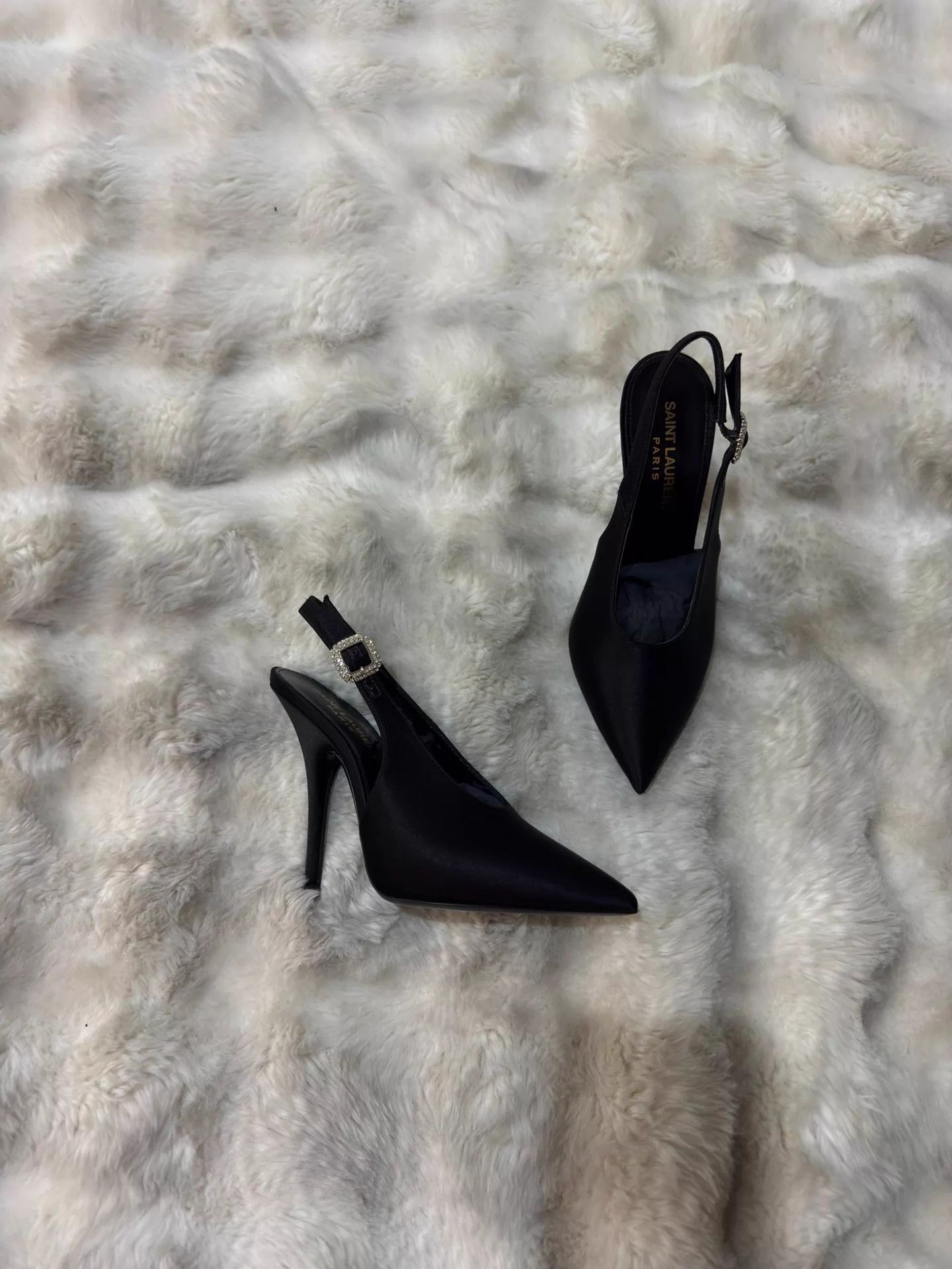 Saint Laurent Paris SLP Blk Crystal Satin Heels 35 New w/ Box & Dust Bag Size US 4.5 / IT 34.5 - 1 Thumbnail