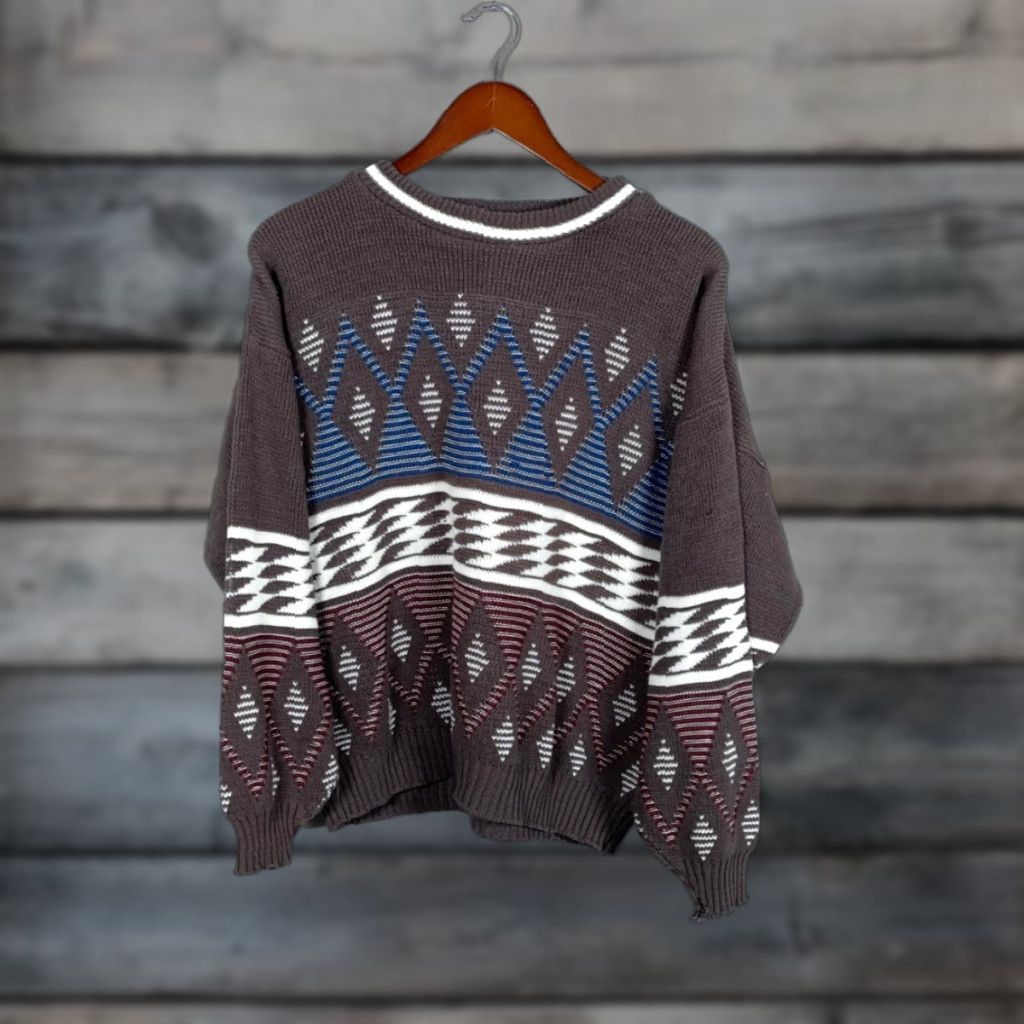 Vintage VINTAGE Towncraft Men's Sweater Adult Large Diamond Pattern Crew Neck Knit Pullover 90s Fall Winter Made in USA Size US L / EU 52-54 / 3 - 1 Thumbnail