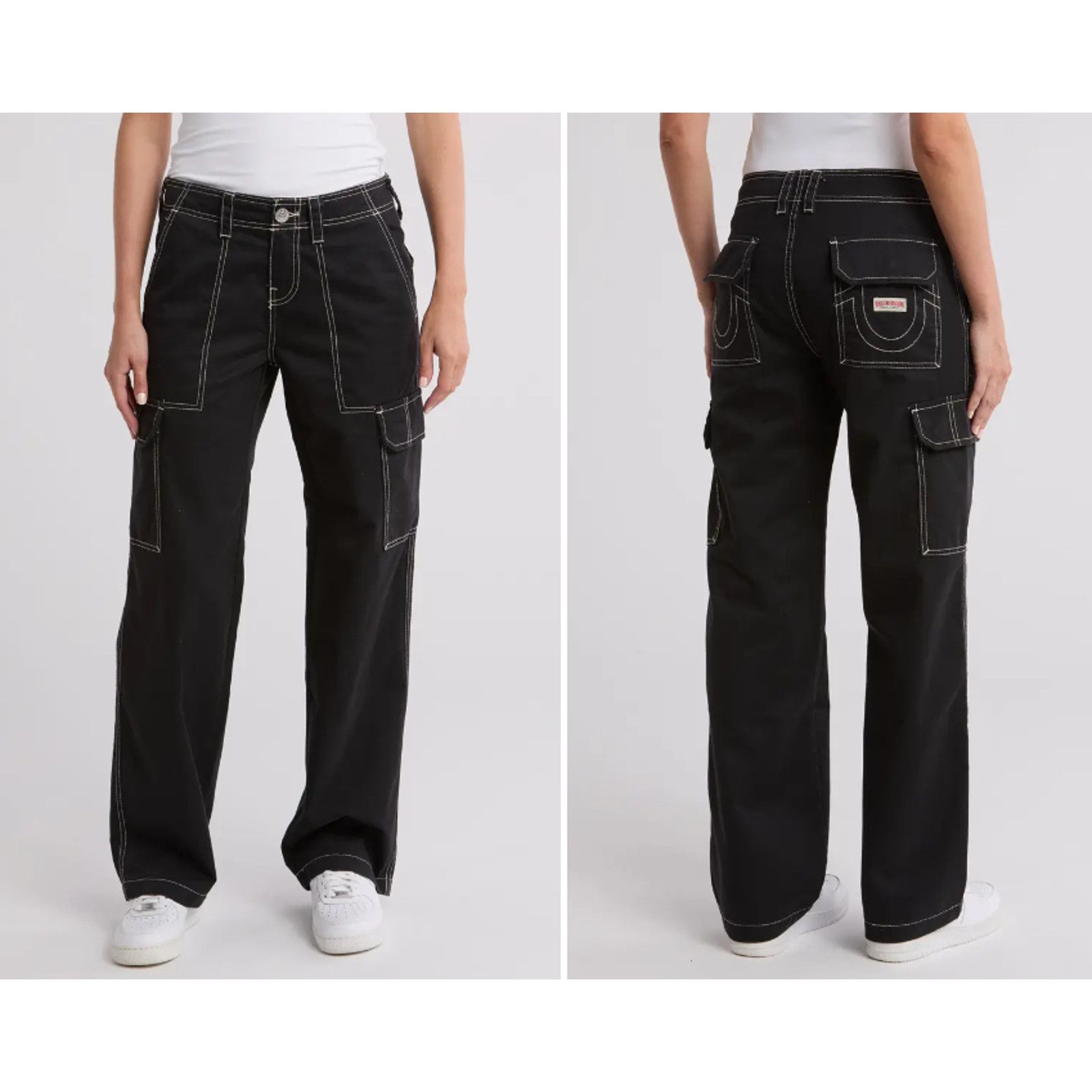 True Religion TRUE RELIGION BLACK WHITE STITCH BAGGY WIDE LEG CARGO PANTS Size 31" - 1 Thumbnail
