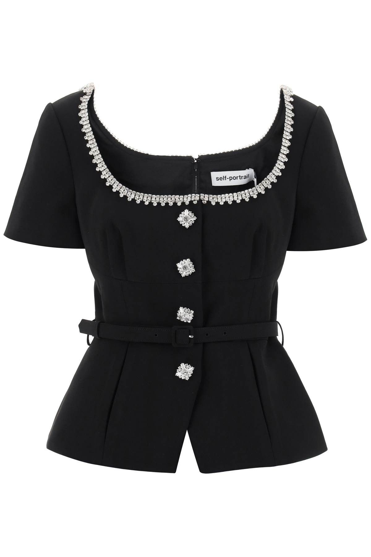 image of Self Portrait Peplum Top With Crystals in Nero, Women's (Size Small)