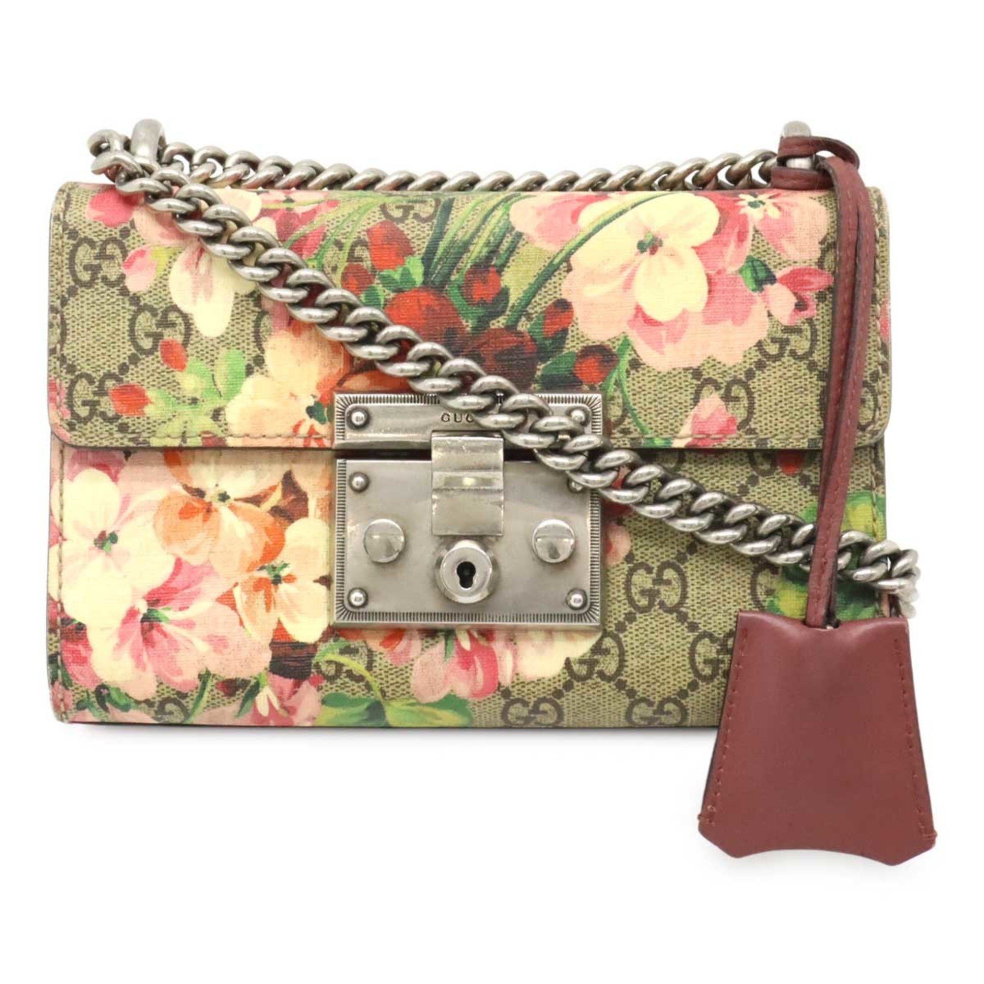 GUCCI GG Blooms Padlock Small Shoulder Bag Chain Flower PVC Beige