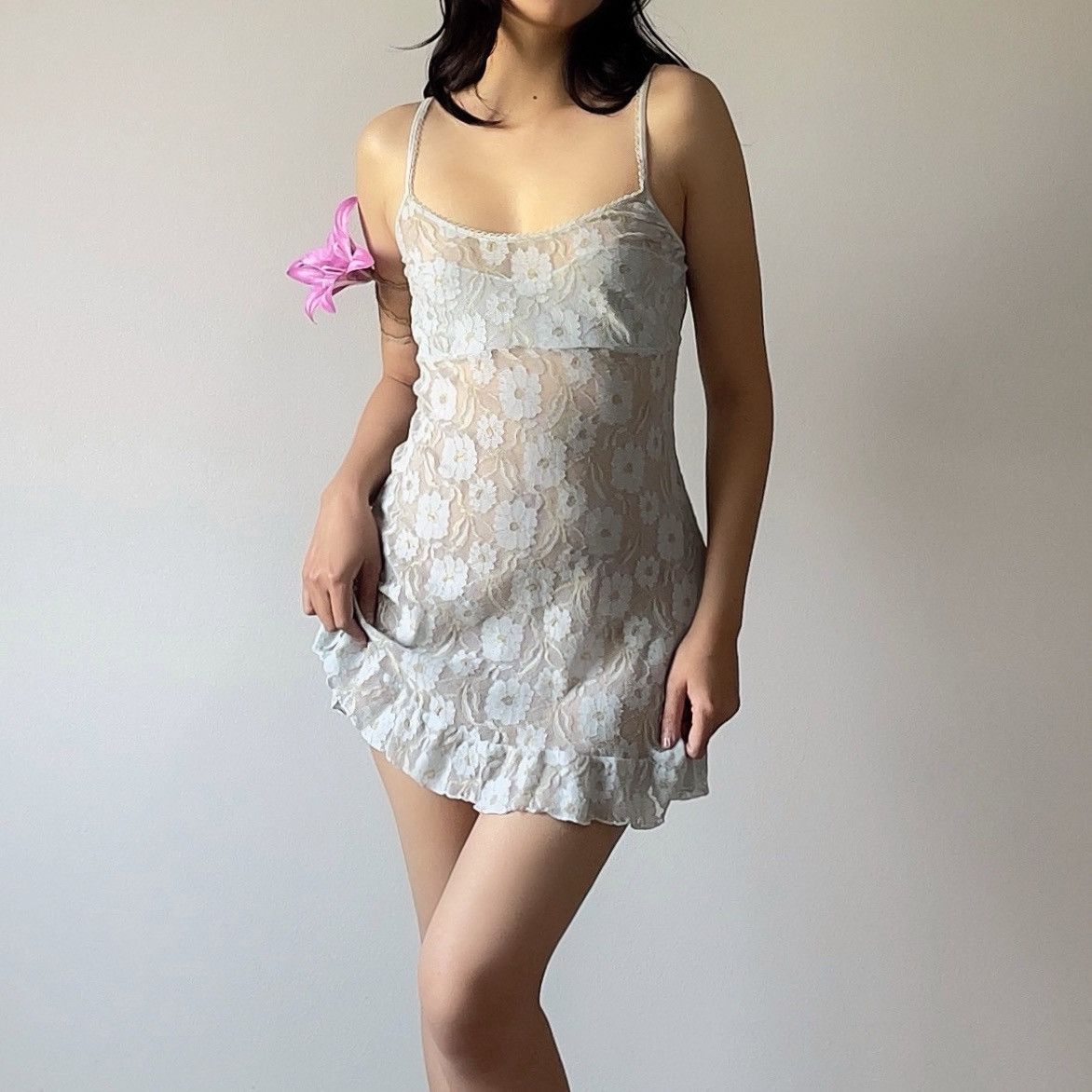 Victoria's Secret Vintage Blue Floral Mesh Semi-Sheer Mini Slip Dress (M-L) Size L / US 10 / IT 46 - 1 Thumbnail