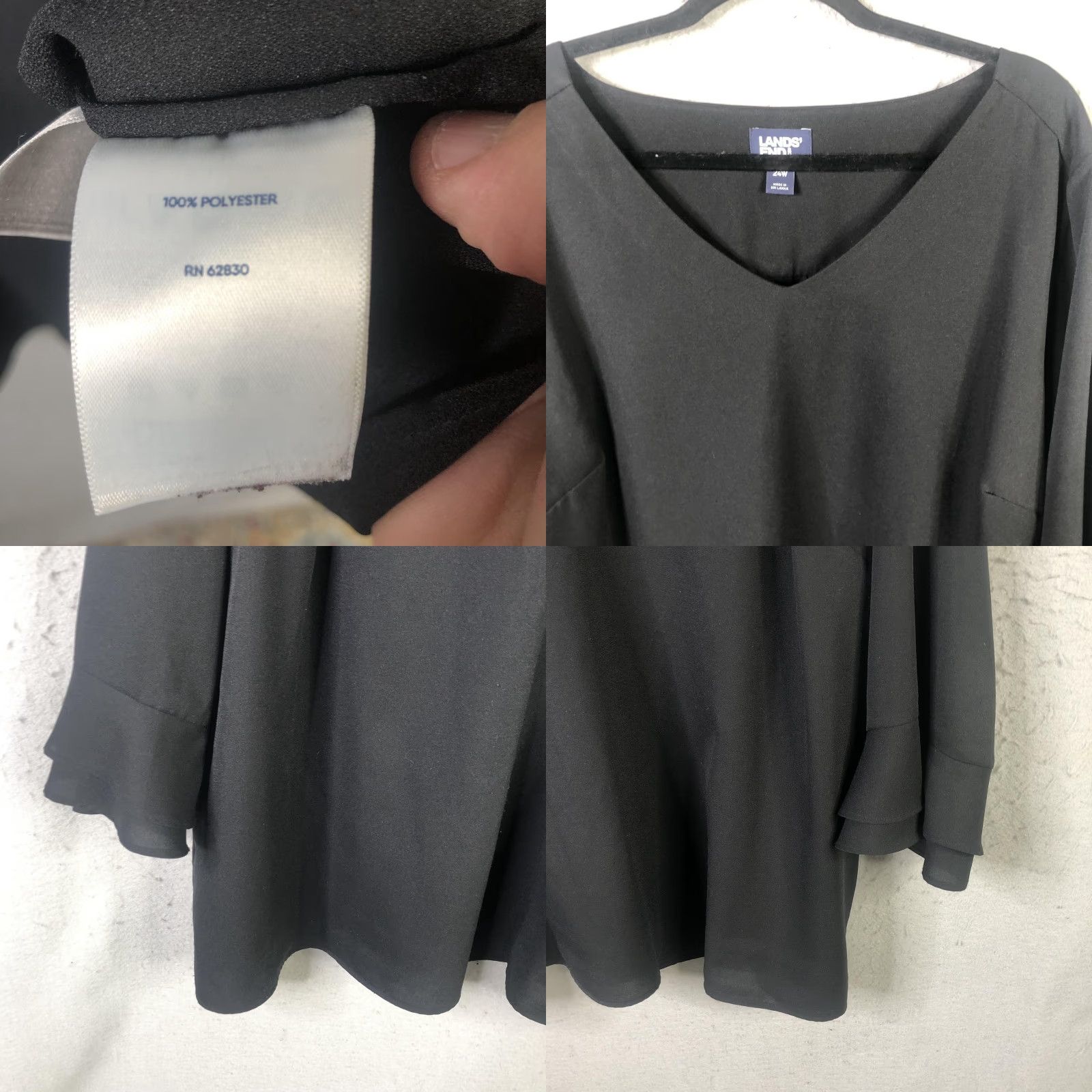 Lands' End Lands' End Blouse Womens 24W Black V-Neck 3/4 Bell Sleeve Tunic Top Plus Size 4XL / US 24-26 - 8 Thumbnail