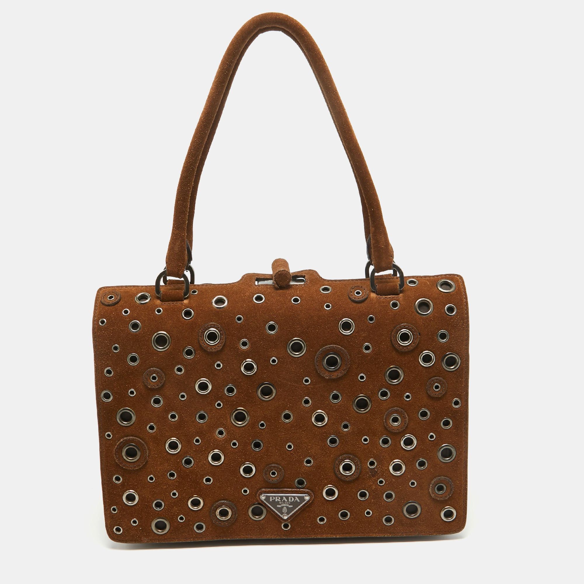 image of Prada Brown Suede Grommet Frame Satchel, Women's