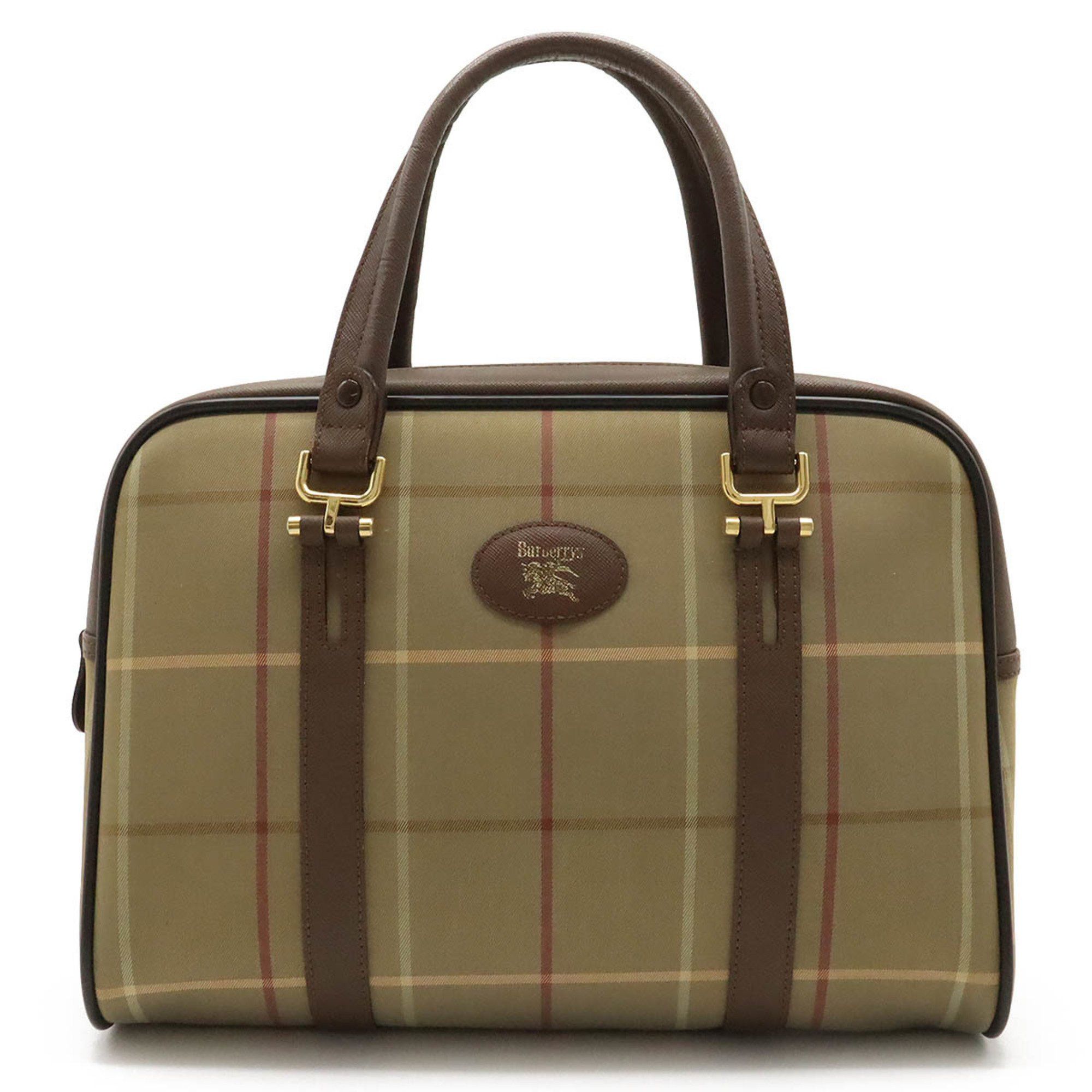 image of Burberry Checked Boston Handbag Canvas Leather Khaki Dark Brown, Women's