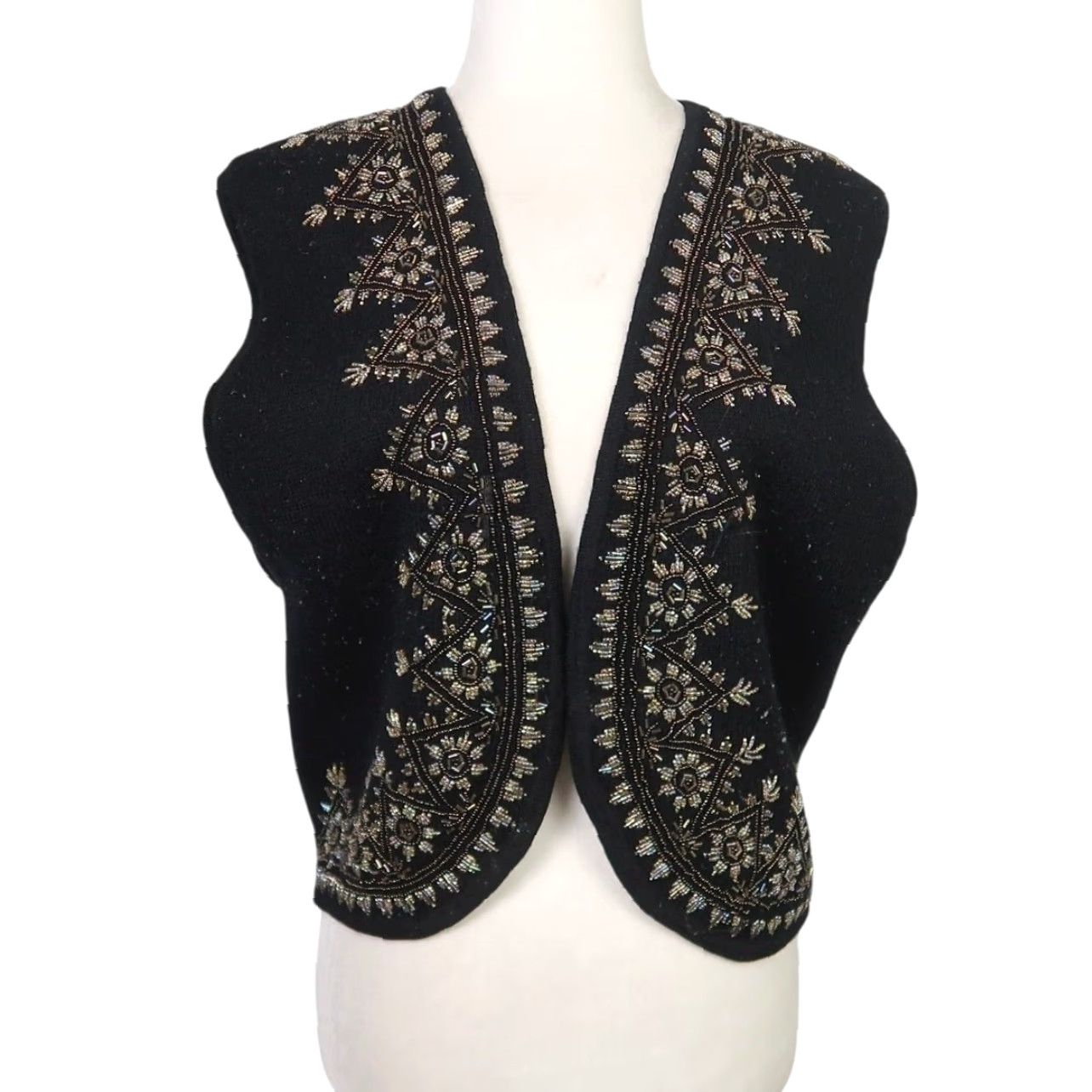 Vintage VINTAGE Karen Kane black wool knit beaded sweater vest cardigan Sleeveless S Womens 90s 80s Retro Beaded Casual Party/Cocktail Fall Winter Size S / US 4 / IT 40 - 2 Thumbnail
