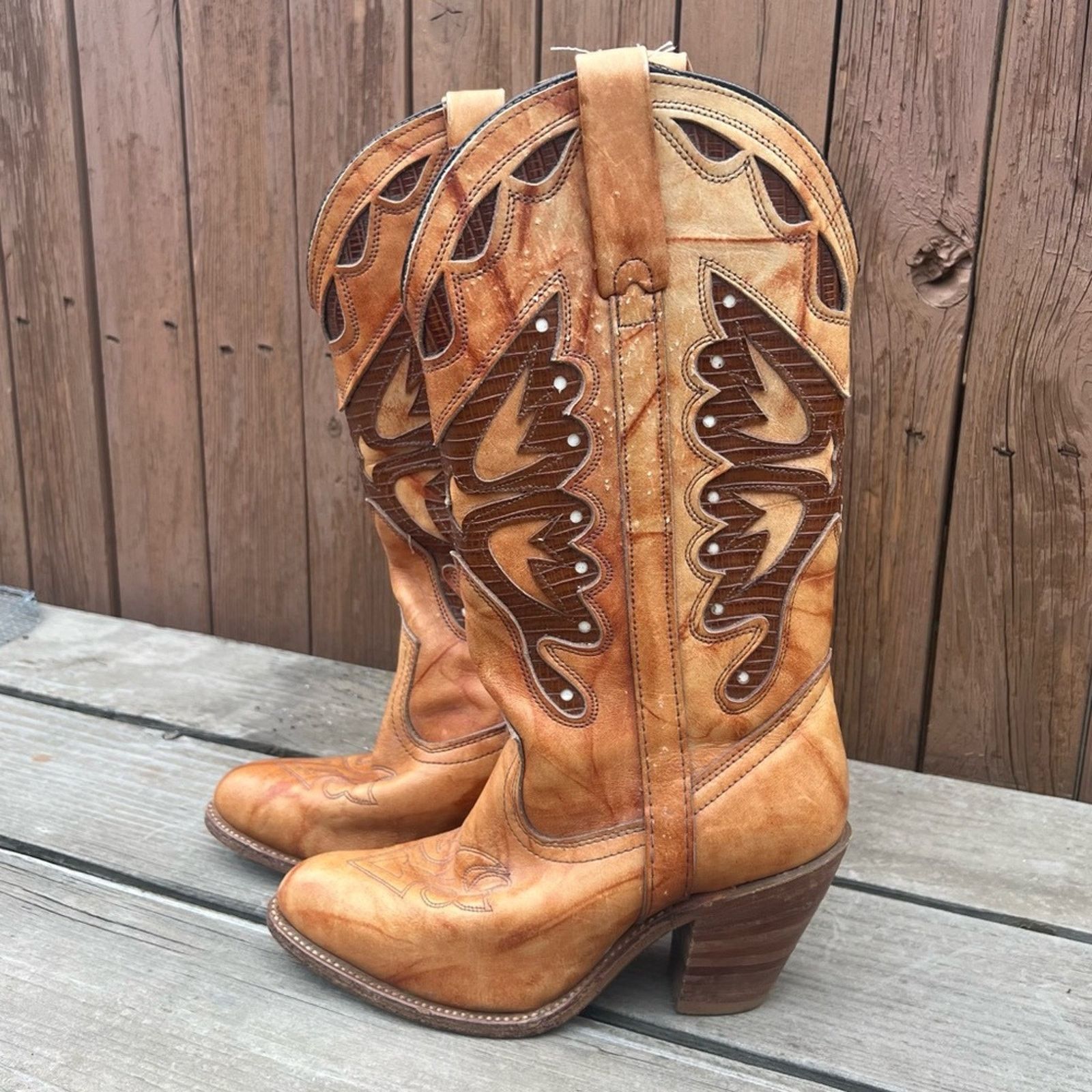 Vintage Miss Capezio Butterfly Boot stacked heel brindle tan leather Size US 7.5 / IT 37.5 - 3 Thumbnail