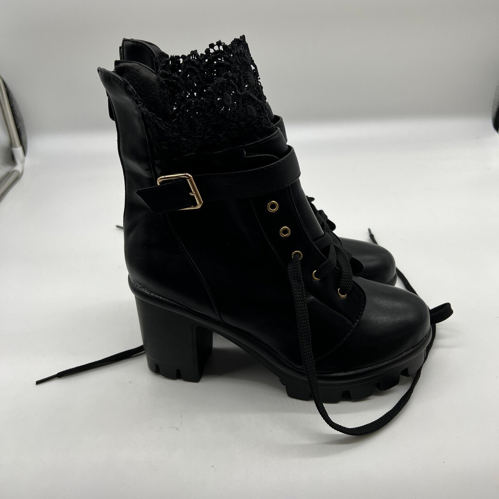 Other Women's Lace up Belt Buckle Boot Chunky Block High Size US 8 / IT 38 - 7 Thumbnail