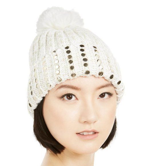 DKNY DKNY Flat-Stud Metallic Rib-Knit Beanie Ivory/Gold Size ONE SIZE - 1 Thumbnail