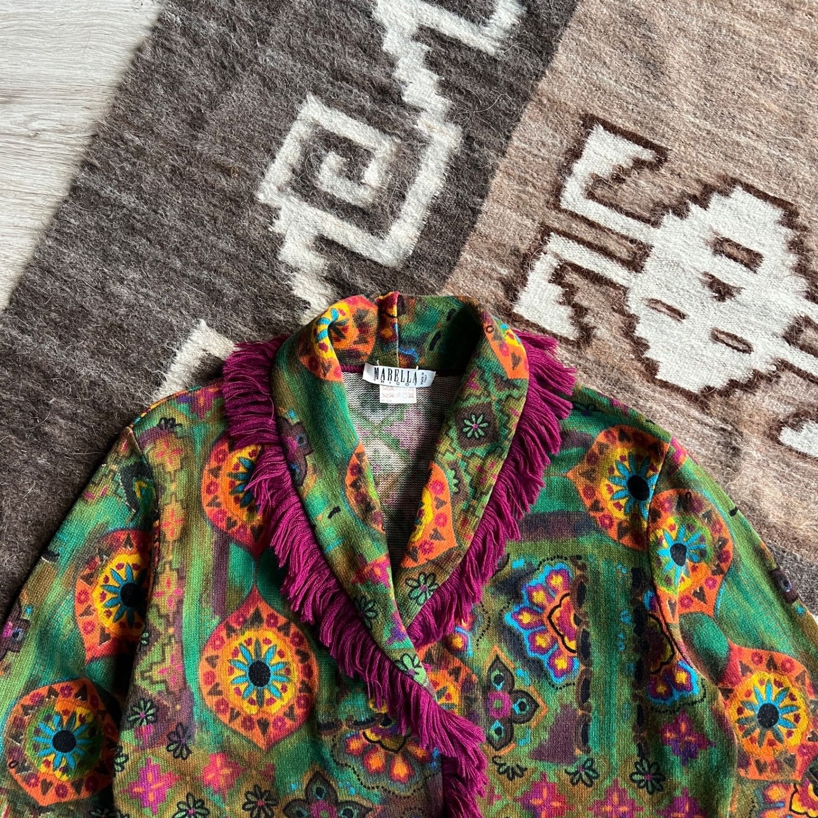 Marella Marella Italy Wool Blend Boho Ethnic Fringe Cardigan 9708AC Size S / US 4 / IT 40 - 5 Thumbnail
