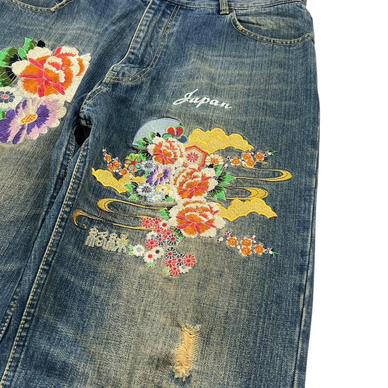 Karakuri Tamashii Karakuri Tamashii Embroidered Floral Japanese Jeans Waist 35 Size US 35 - 2 Thumbnail