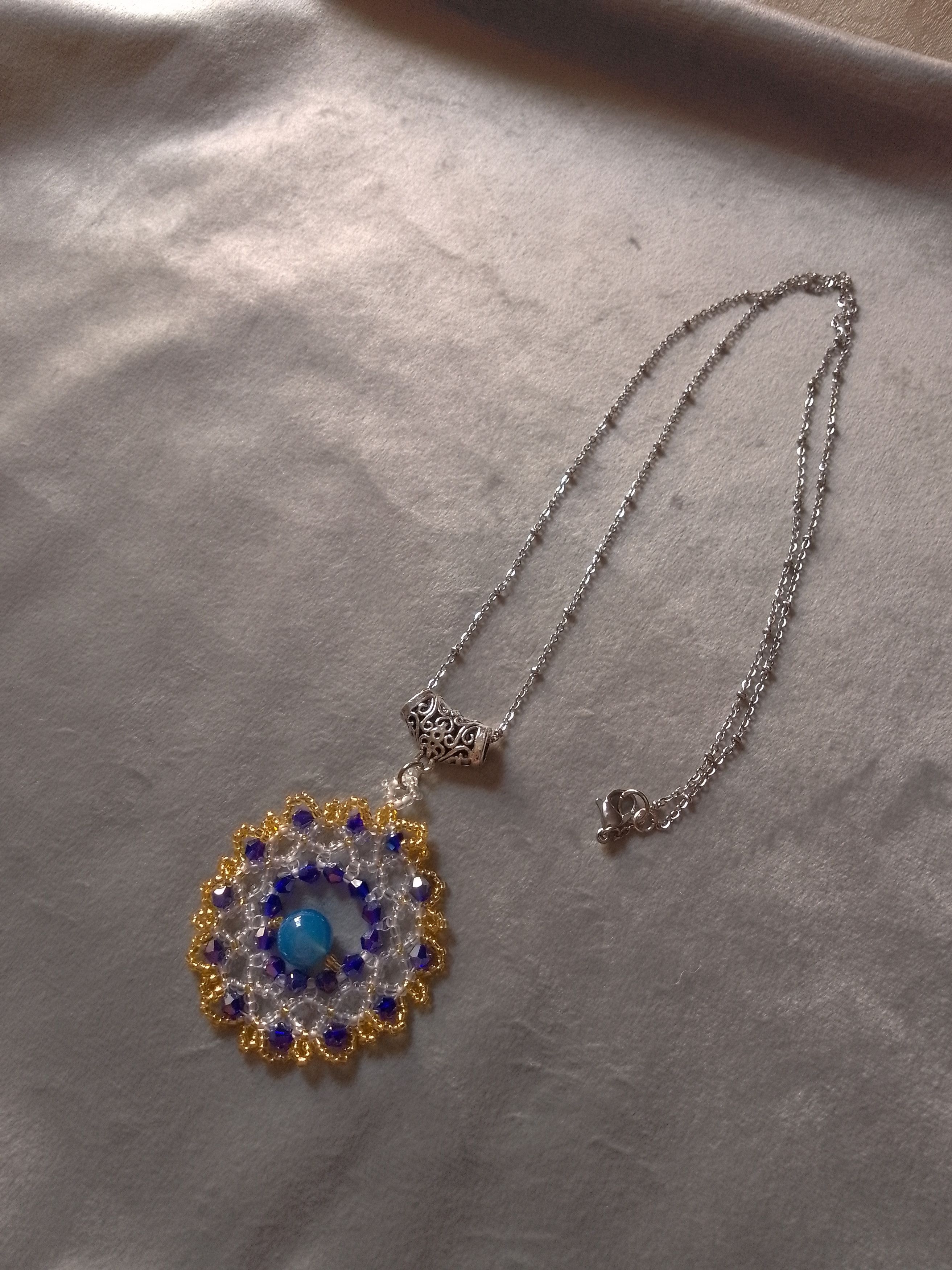 Handmade Long Necklace. Rhodium plated. Blue agate gemstones pendant Size ONE SIZE - 5 Thumbnail