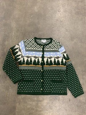 image of Vintage Mountain Picture Knit Cardigan 90's Empress Knit Sweater Size Small in Green, Men's