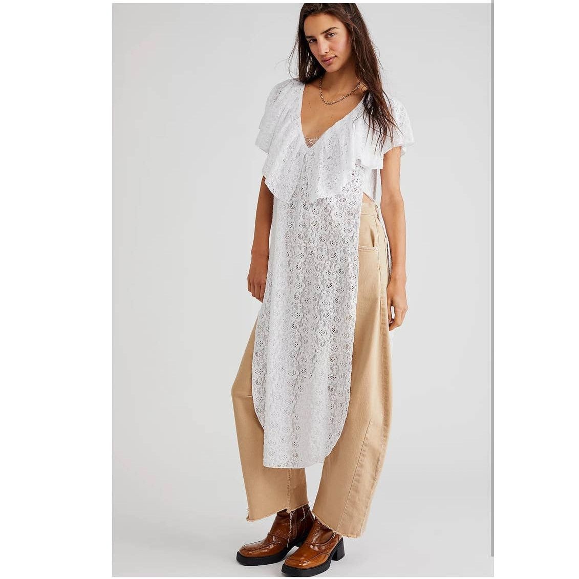 Free People New FREE PEOPLE Waterfall Maxi Lace Top $198 SMALL Ivory Size S / US 4 / IT 40 - 1 Thumbnail
