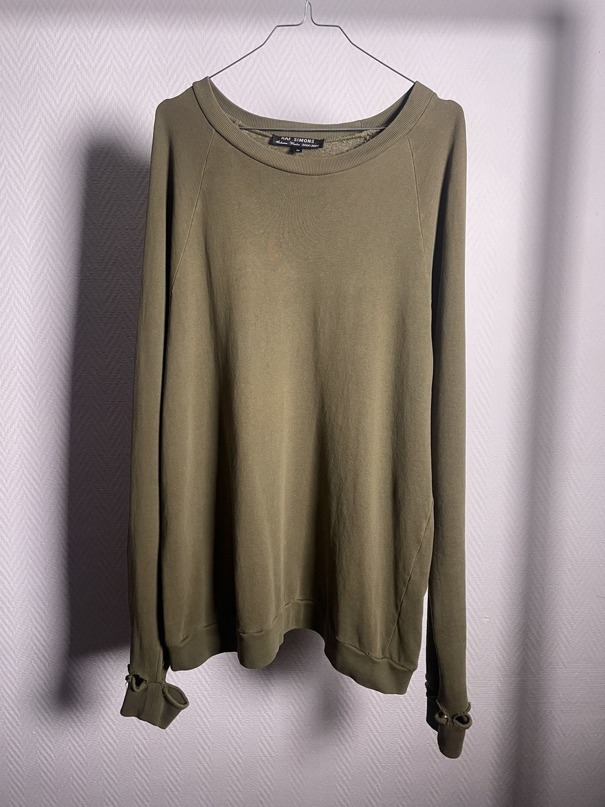 image of Aw01-02 Raf Simons ‘Riot’ Distressed Crewneck Size 50 in Olive, Men's