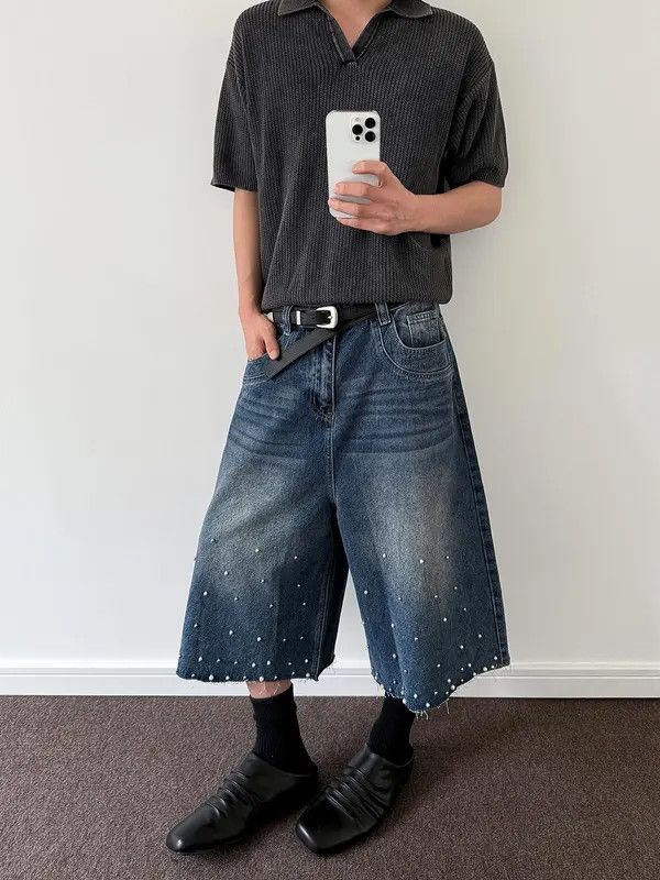 VIBE Stylish Distressed Denim Jorts with Rhinestone Accents Size US 32 / EU 48 - 8 Thumbnail