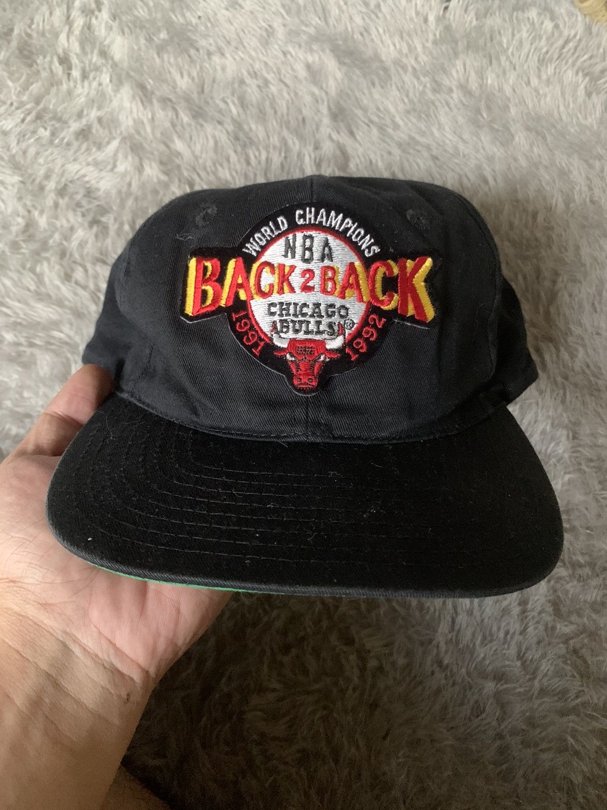 image of Hat x Sports Specialties Vintage 90's Chicago Bulls Back To Back Champions Cap in Black, Men's