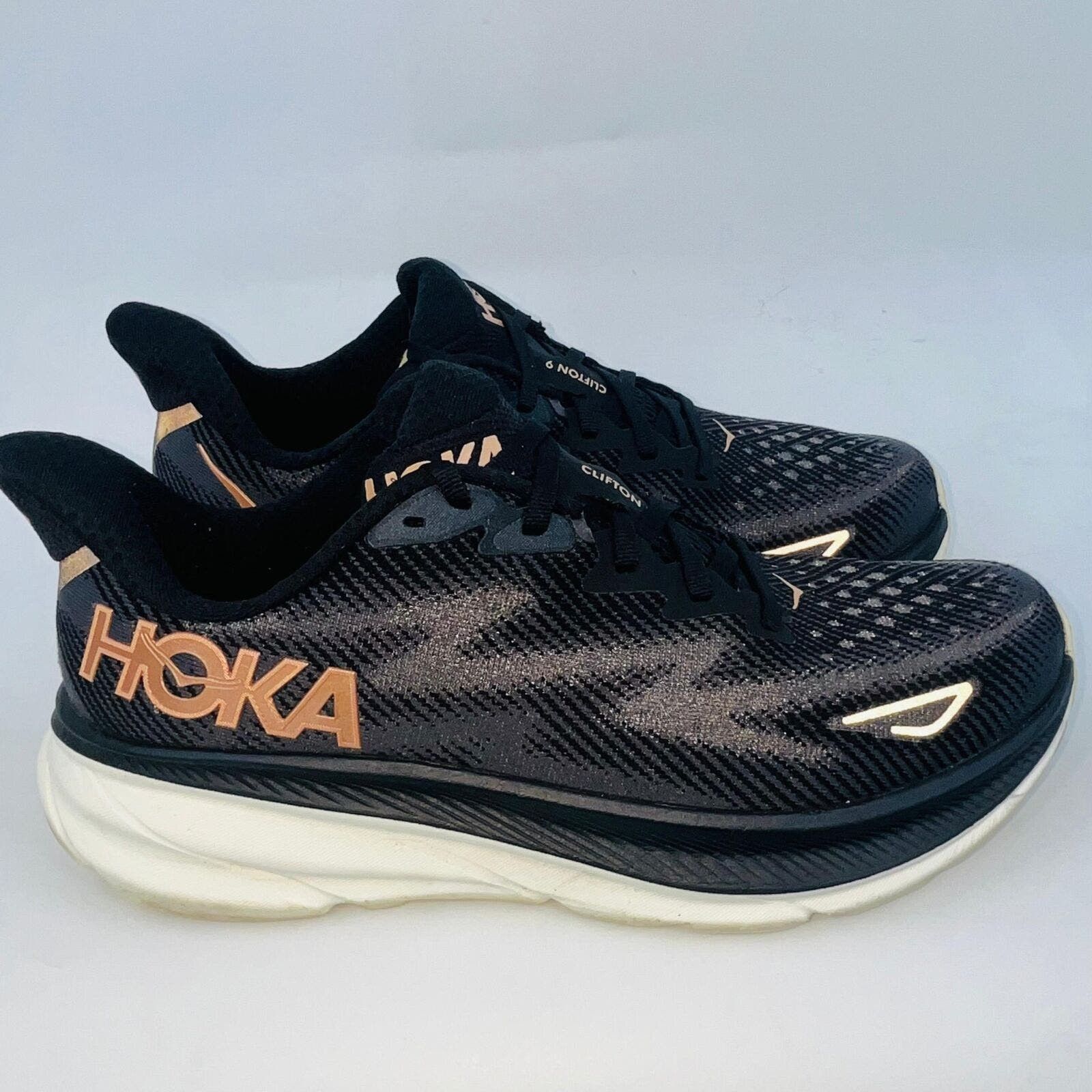 HOKA WOMENS CLIFTON BLACK/ROSE GOLD SNEAKERS SIZE