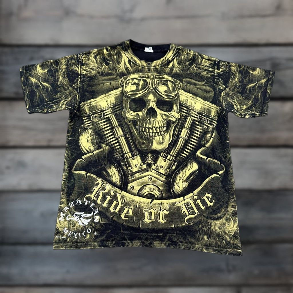 Vintage VINTAGE Ride Or Die Shirt Mens L Black Gold Skull Mazatlan Mexico Cotton AOP Y2K Size US L / EU 52-54 / 3 - 1 Thumbnail