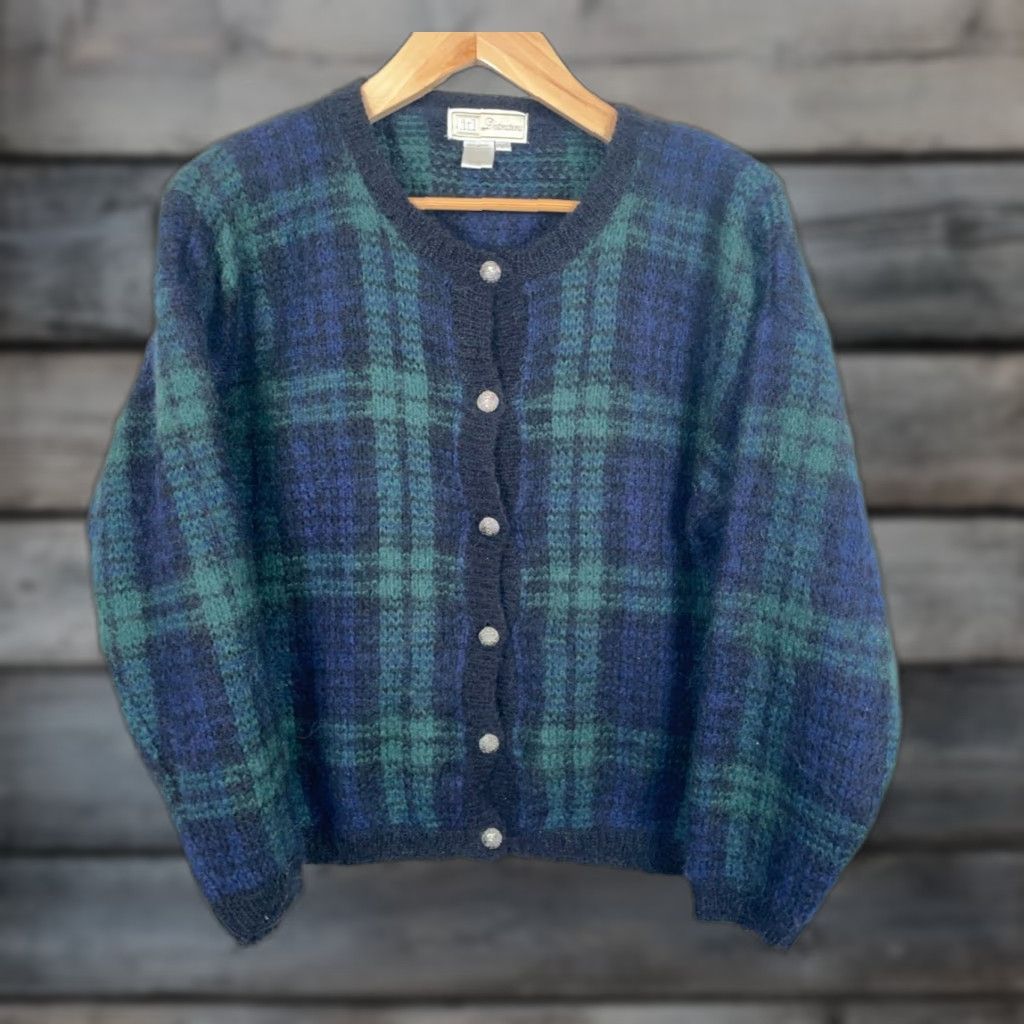 Swatch VINTAGE 90s Mohair Cardigan Women's Large Green Blue Black Watch Sweater Boxy Fit Size L / US 10 / IT 46 - 1 Thumbnail