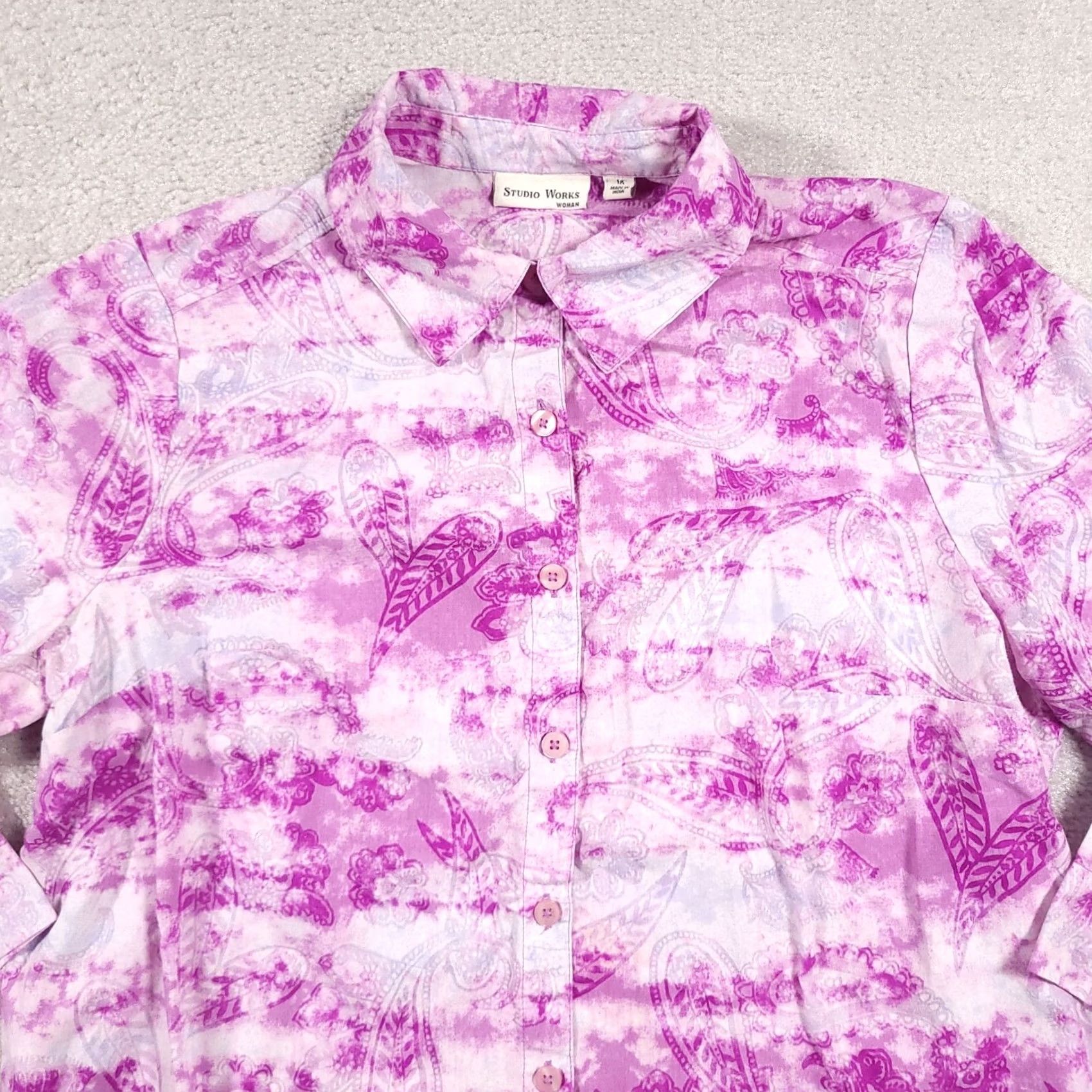 Vintage Studio Works Button Up Shirt Women's 1X Plus Purple Paisley Collared 3/4 Sleeve Size XL / US 12-14 / IT 48-50 - 3 Thumbnail