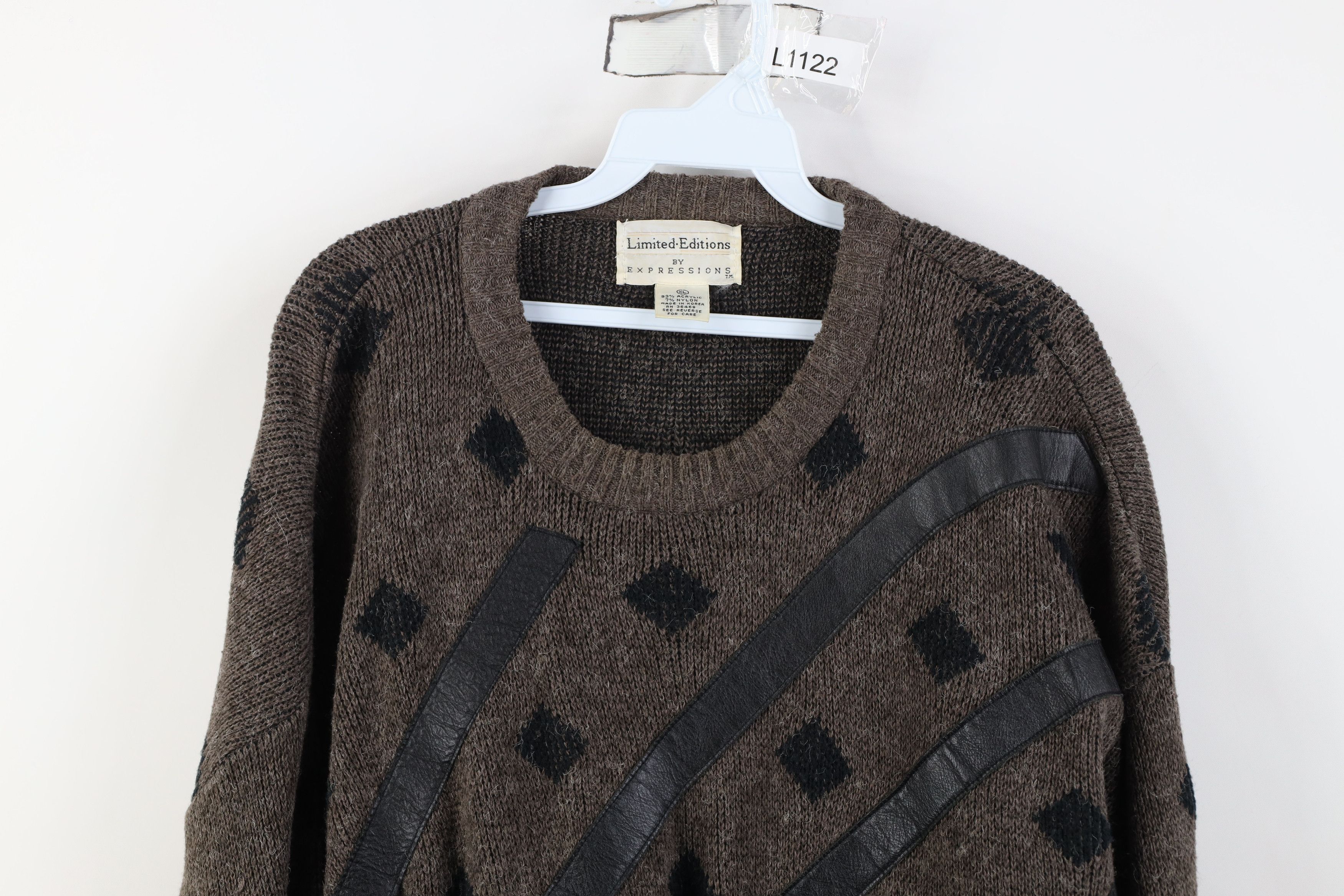 Vintage Vintage 90s Streetwear Leather Trim Knit Crewneck Sweater Size US XL / EU 56 / 4 - 2 Thumbnail