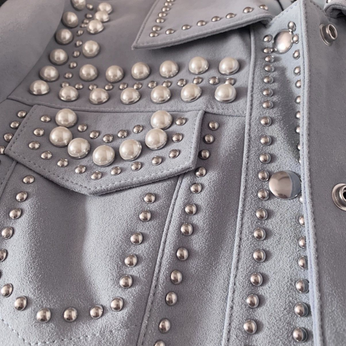 Rebecca Minkoff Periwinkle Pearl studded goat leather trucker jacket Size XS / US 0-2 / IT 36-38 - 6 Thumbnail