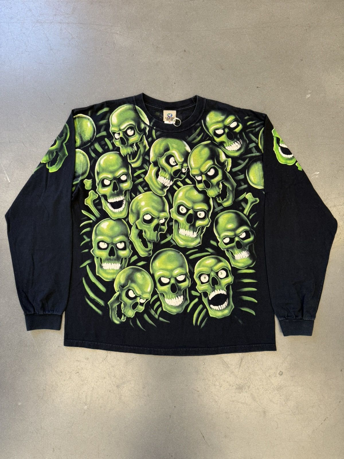 2001 Vintage Liquid Blue Green Skull Pile Long Sleeve Tee