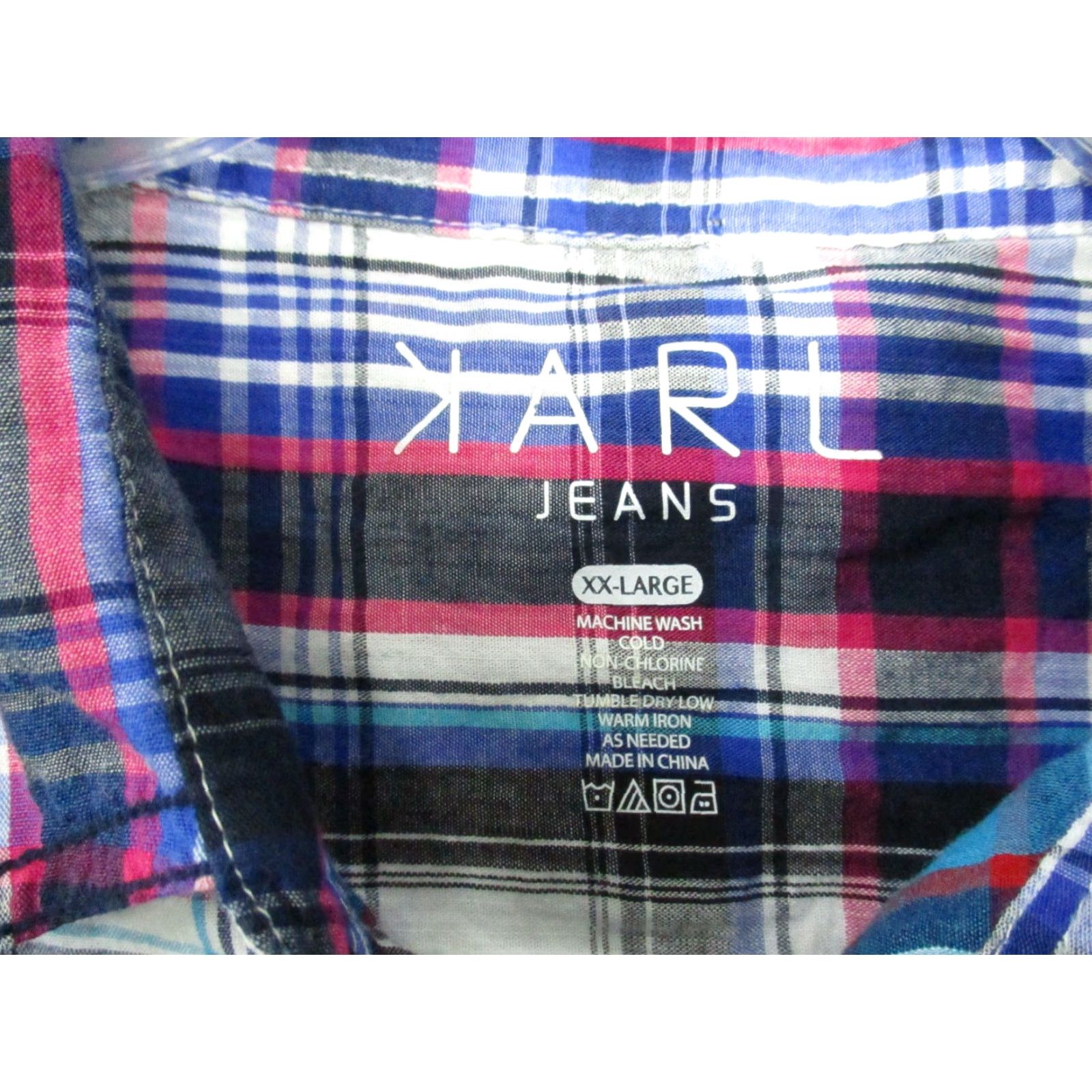 Vintage Karl Jeans Shirt 2XL Men's Blue White Plaid Button-Front Short Sleeve Knit Cotton Button-Up Shirt Mens Size US XXL / EU 58 / 5 - 3 Thumbnail