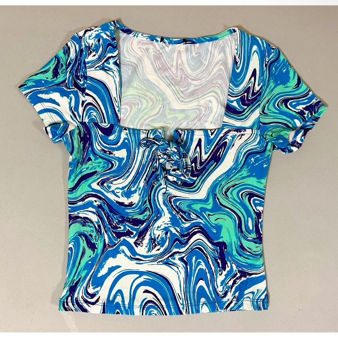 Japanese Brand Blue White Swirl Print Lace-Up Top Shirt Blouse Tee Size S🩵💙 Size S / US 4 / IT 40 - 1 Thumbnail