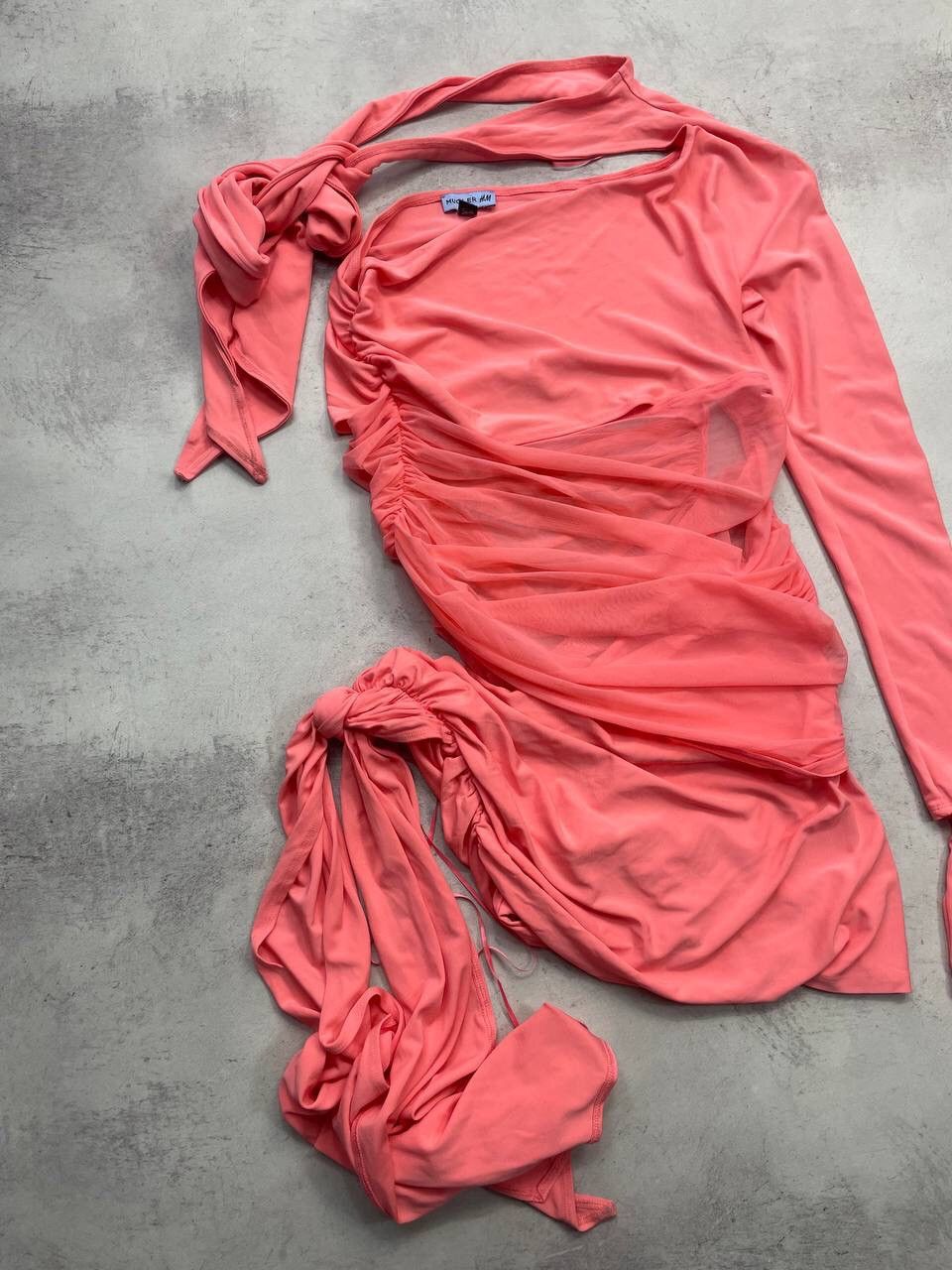 H&M × Japanese Brand × Mugler Mugler H&M Pink Asymmetric One-Sleeve Ruched Mini Dress Y2K Size L / US 10 / IT 46 - 3 Thumbnail