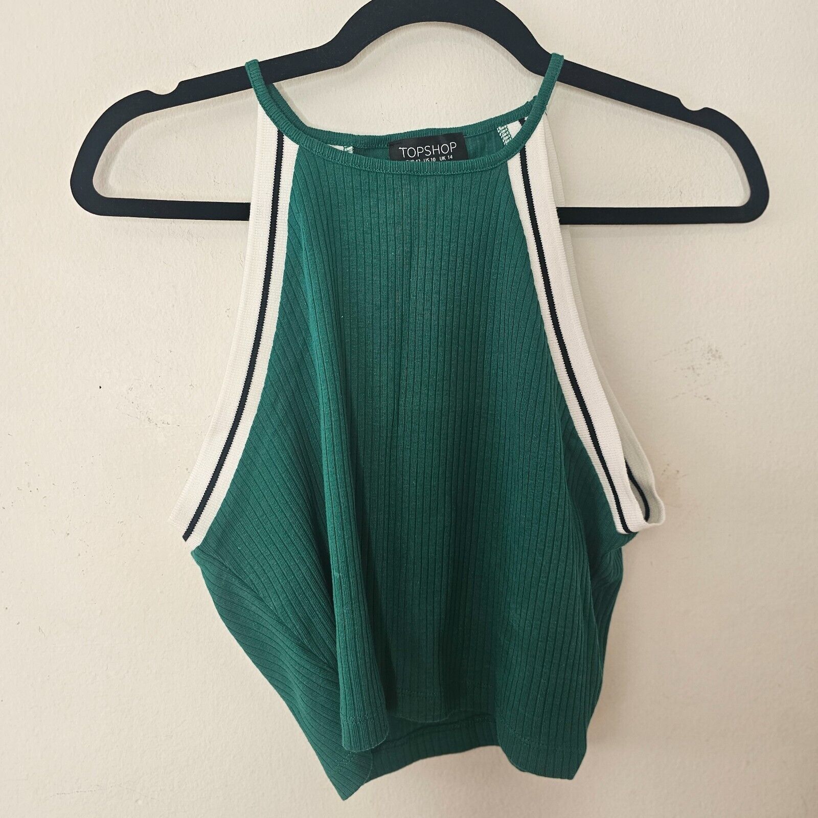 Topshop Topshop Green RibKnit White Black Stripe Trim Halter Crop 10 Size L / US 10 / IT 46 - 1 Thumbnail