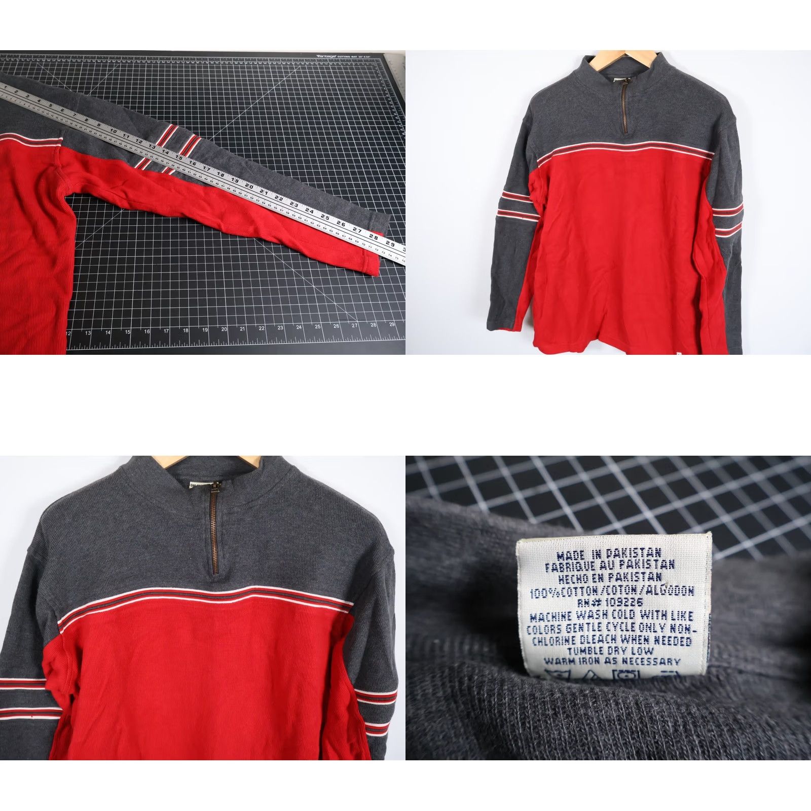 Vintage VINTAGE Y2K Sweater Men's L Red Gray 1/4 Zip Pullover OTB Striped Cotton Knit 90s Hipster Retro Boys Mens Girls Size US L / EU 52-54 / 3 - 8 Thumbnail
