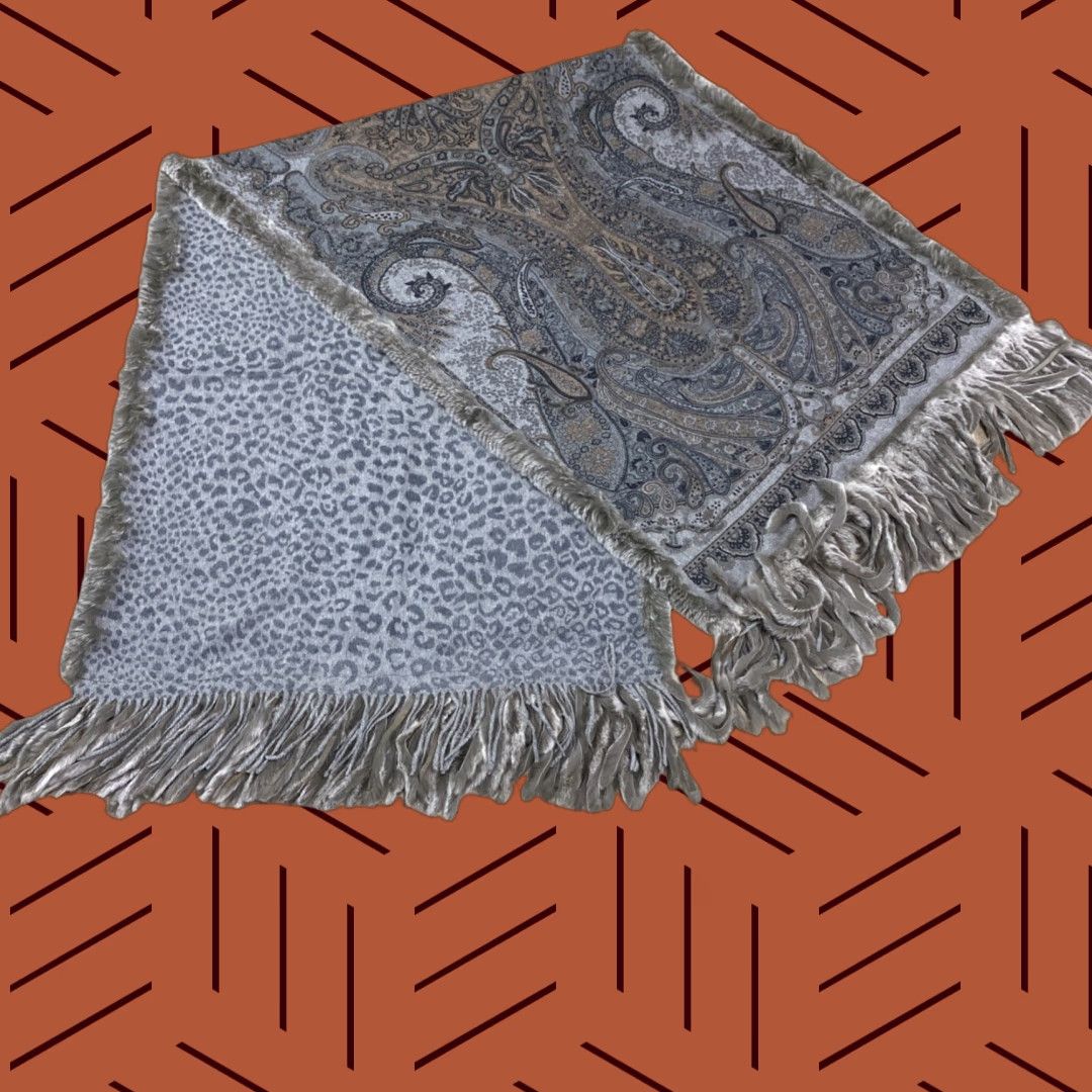 VINTAGE Cedrics SHAWL/Wrap Scarf 68X35 Gray Cashmere Rabbit Fur Paisley/Leopard Multifunctional Fringe Reversible LARGE Womens MenThen?