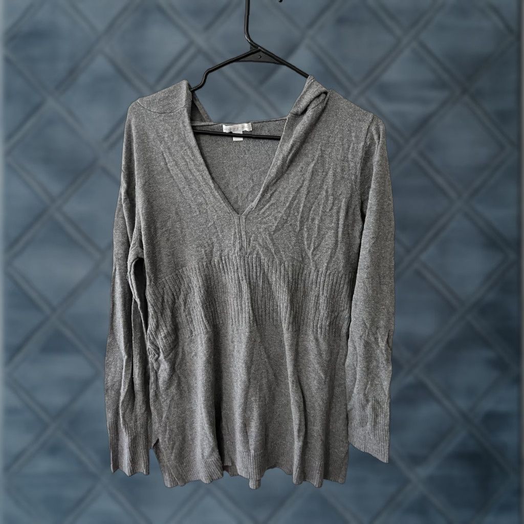 Vintage New York & Company Women's Gray Knit V-Neck Pullover Hoodie Adult Large Womens Size L / US 10 / IT 46 - 1 Thumbnail
