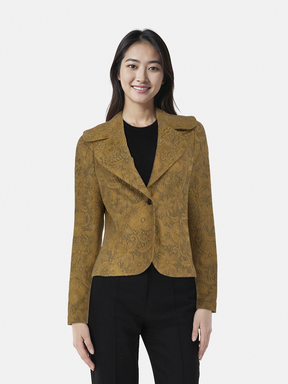 Gold Silk Floral Single Breasted Jacket