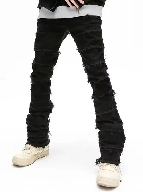 image of Mens High Street Retro Ripped Pants Oversize Denim Trousers in Black (Size 33)