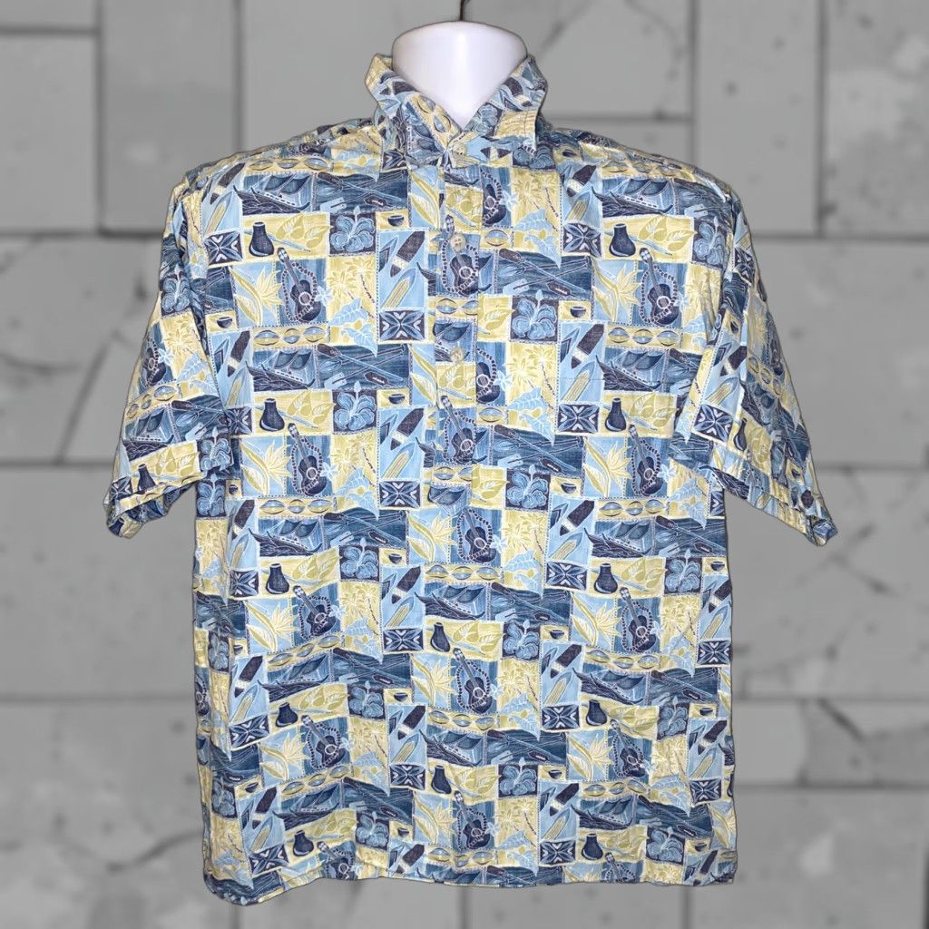 Vivobarefoot Go Barefoot Hawaiian Shirt Mens L Blue Beige Surfboard Guitar Print Button-Up Size US L / EU 52-54 / 3 - 1 Thumbnail
