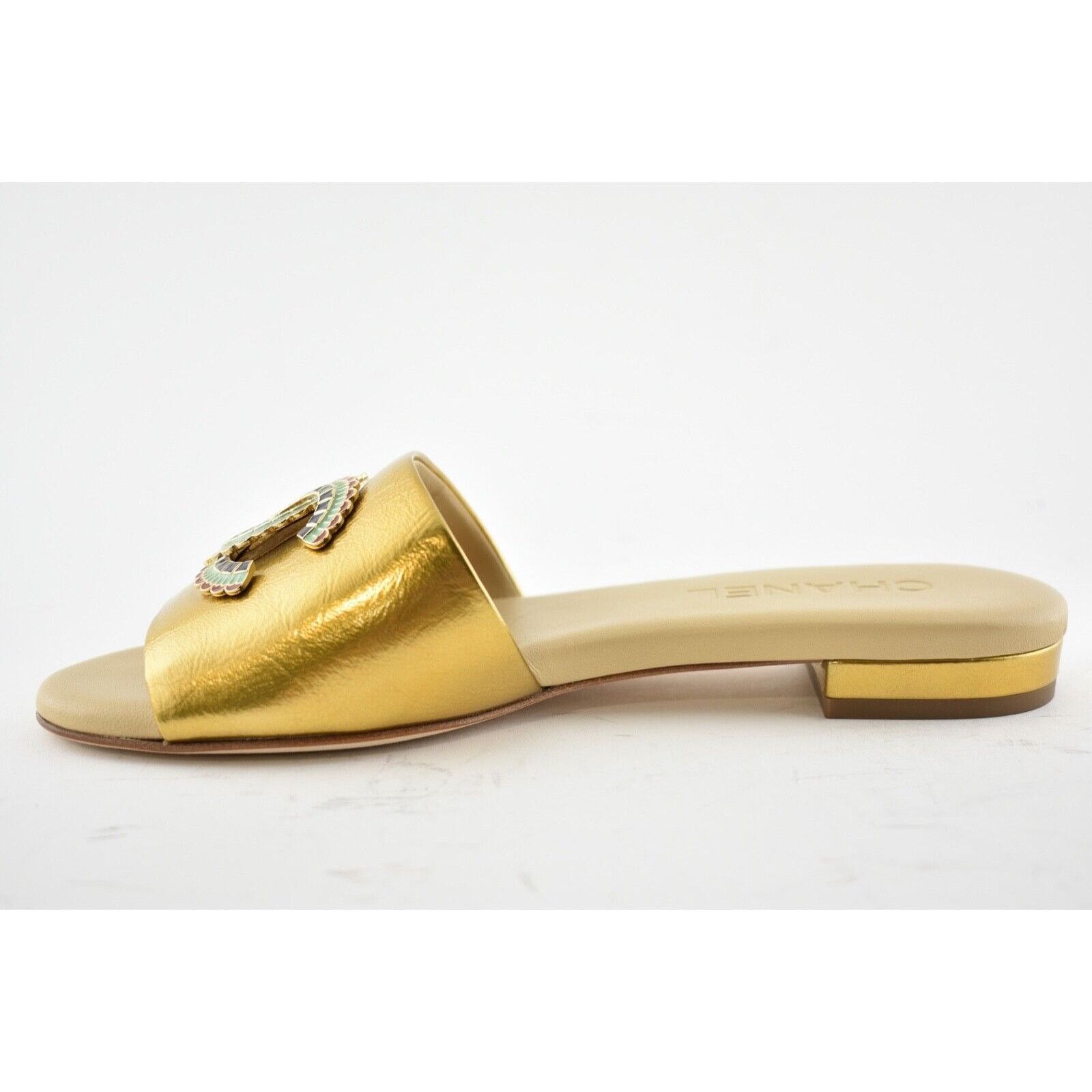 Chanel Chanel 19A Gold Laminated Lambskin CC Red Logo Slide Size US 6 / IT 36 - 9 Thumbnail