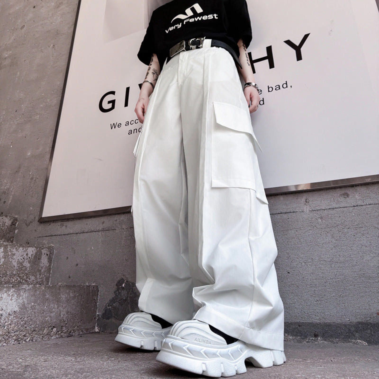 Japanese Brand Black Wide Leg Cargo Pants, Loose Fit Utility Trousers Size US 32 / EU 48 - 3 Thumbnail