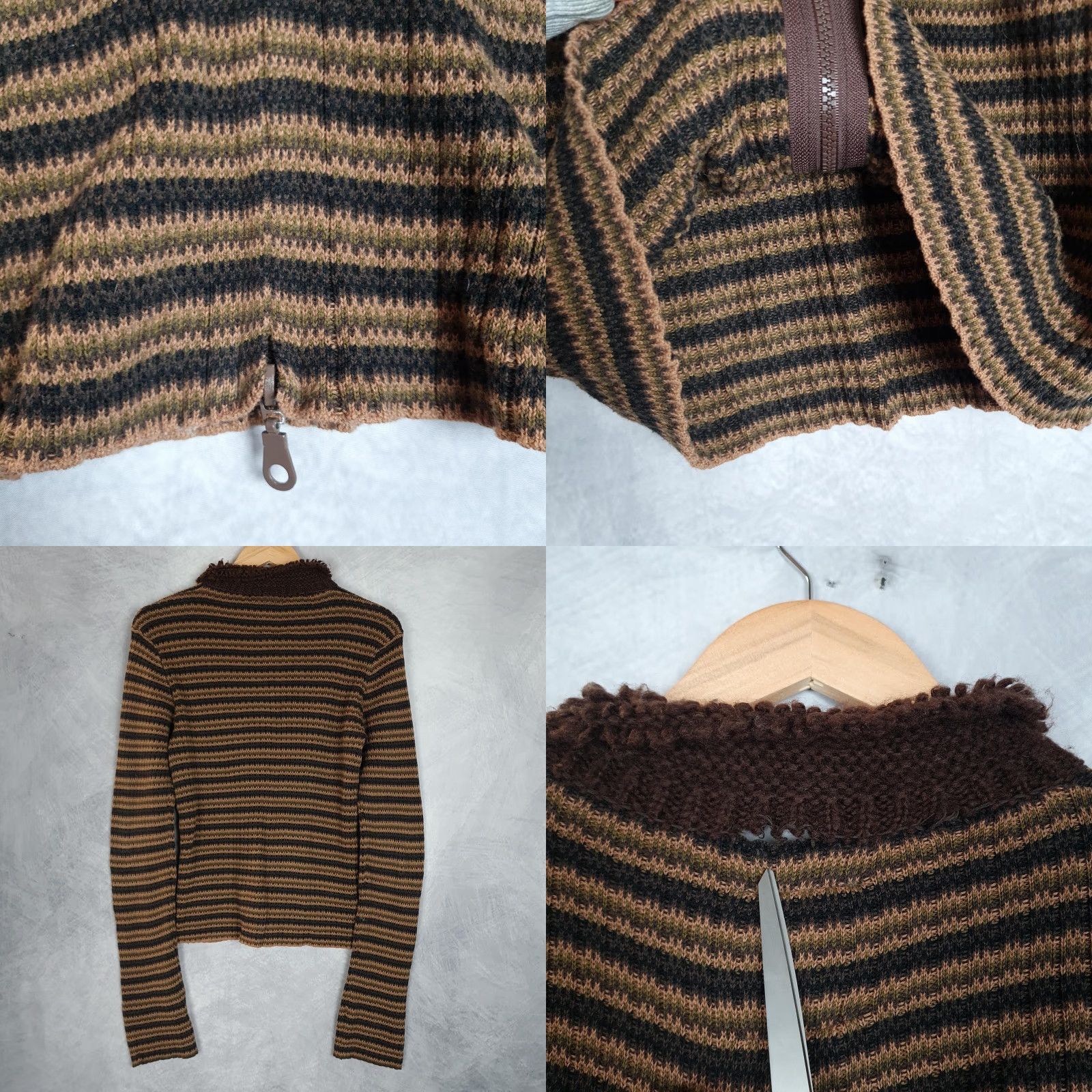 UNIF VINTAGE UNIF Sweater Cardigan Womens XL Brown Striped Collared Zip Stretch 90s Grunge Size XL / US 12-14 / IT 48-50 - 8 Thumbnail