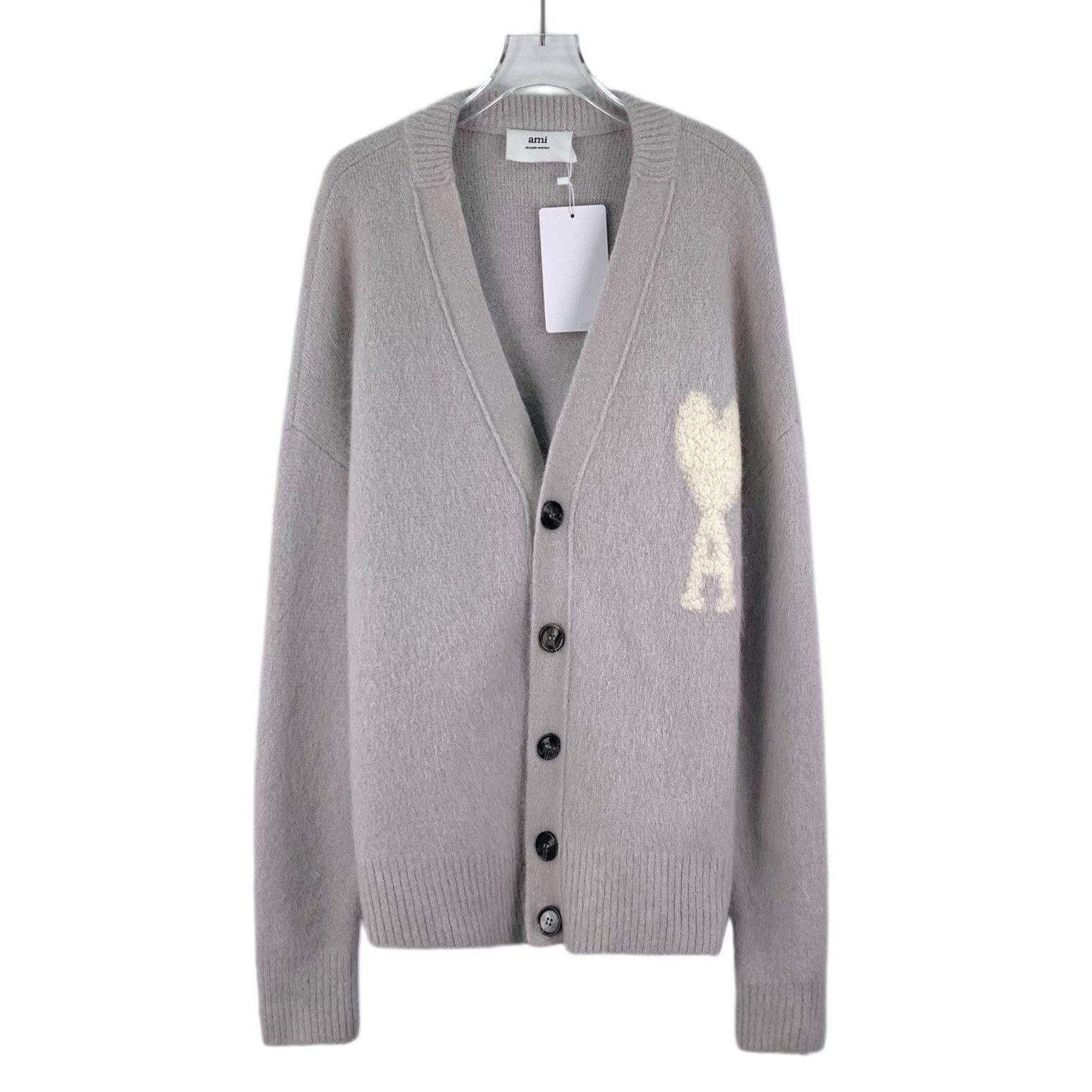 AMI Gray Logo Embroidered V-Neck Cardigan Size US L / EU 52-54 / 3 - 1 Thumbnail