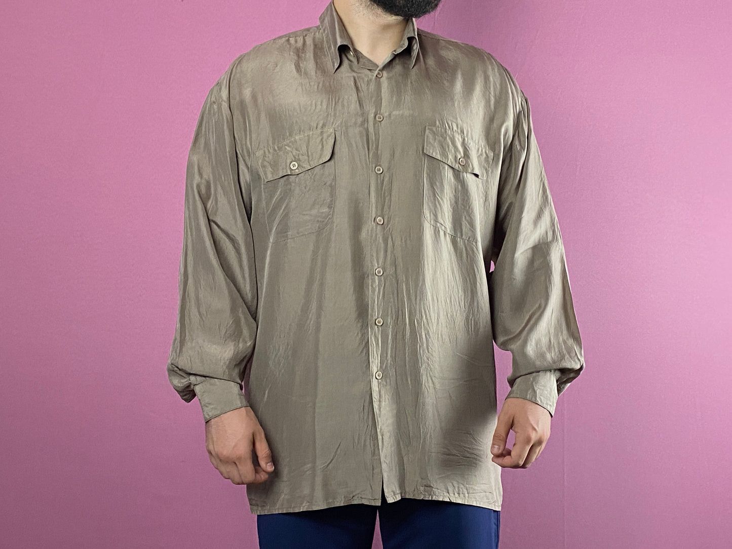 Designer × Vintage 90s Vintage Men's Shirt - L Brown Silk Size US L / EU 52-54 / 3 - 4 Thumbnail