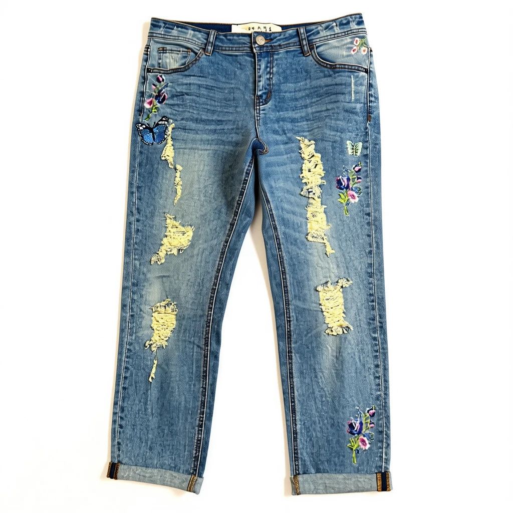 Other y2k embroidered distressed butterfly jeans rare 2000s vibe Size 32" / US 10 / IT 46 - 1 Thumbnail