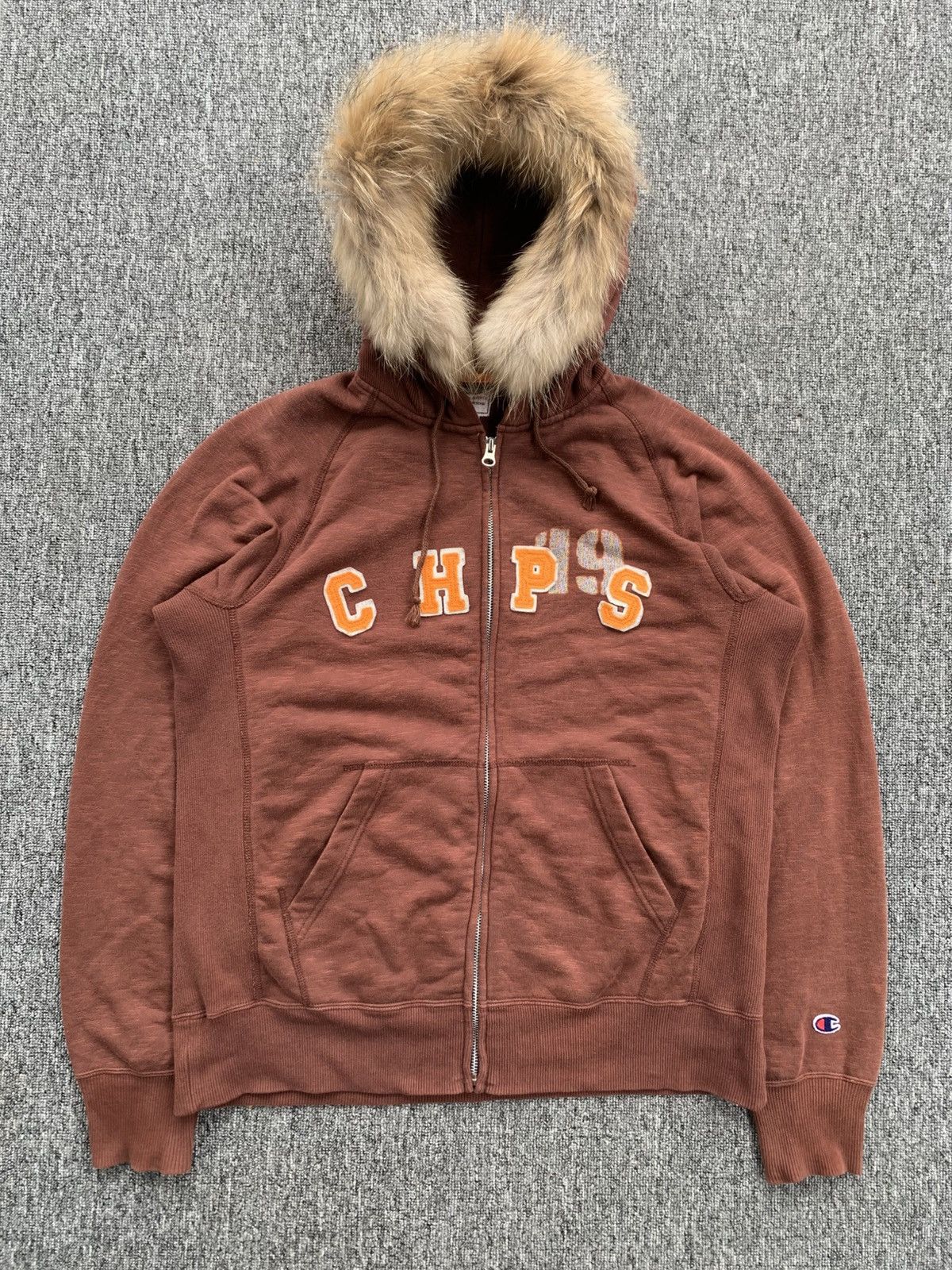Vintage Champion Disstressed Zip Faux Fur Hoodie