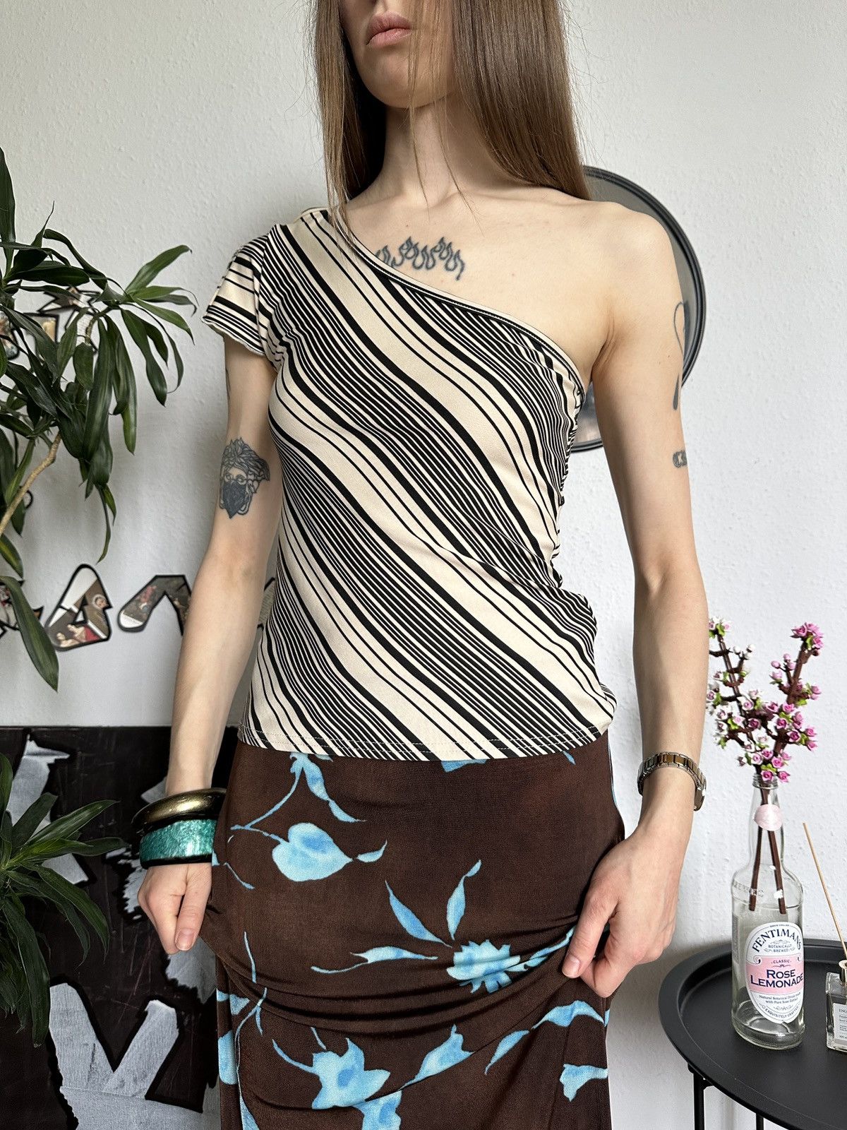 Vintage Asymmetrical One Shoulder Striped Slim Trending Top Size L / US 10 / IT 46 - 4 Thumbnail