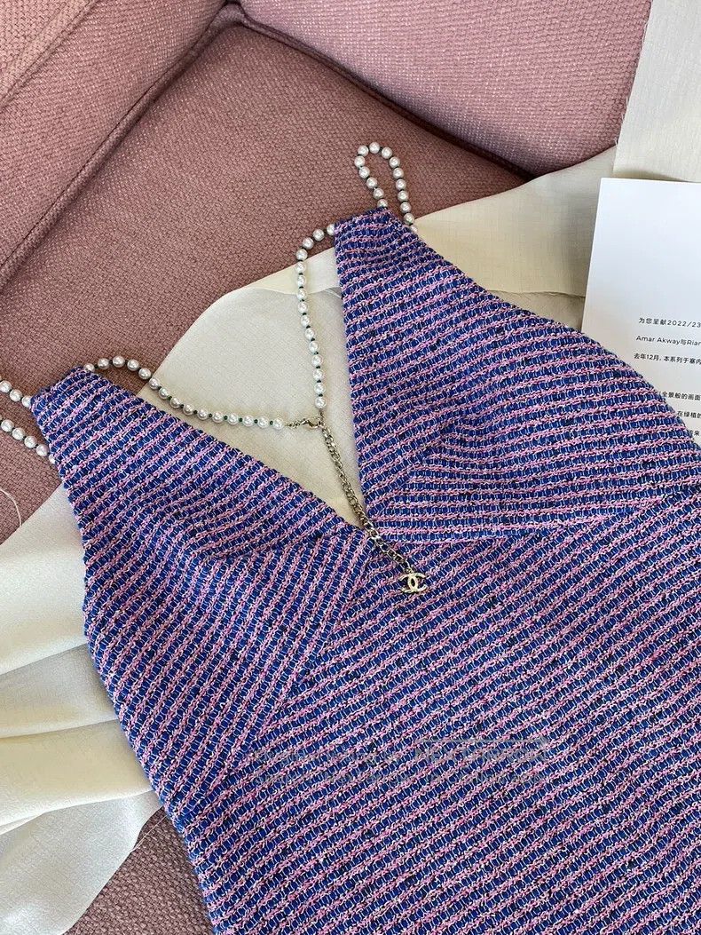 Chanel Chanel 23P purple tweed pearl strap dress Size S / US 4 / IT 40 - 2 Thumbnail
